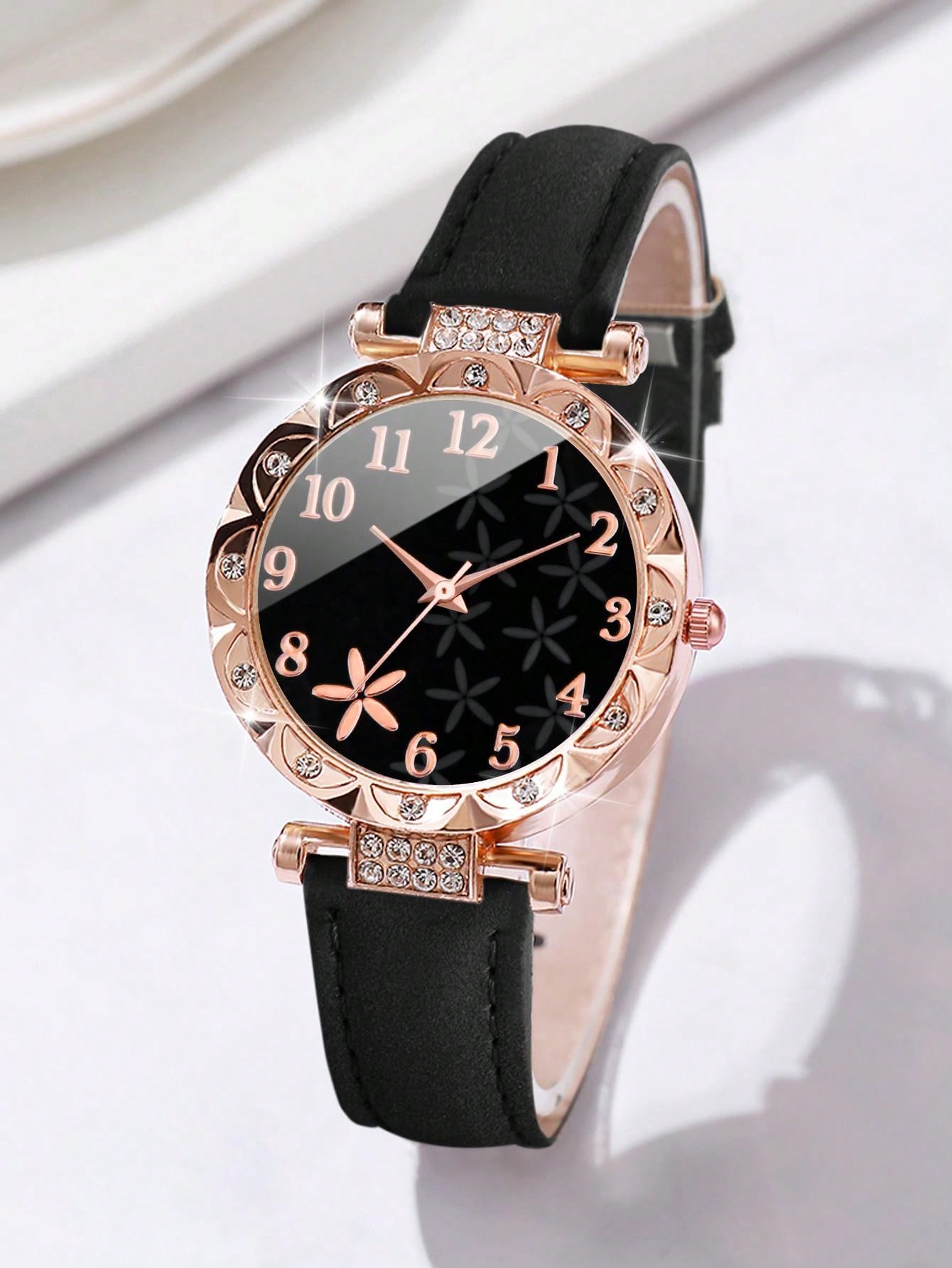 Women's Rhinestone Inlaid Fashionable Minimalistic Numerical Flower Dial Quartz Watch With Leather Strap And Bracelet Set (5pcs/Set)