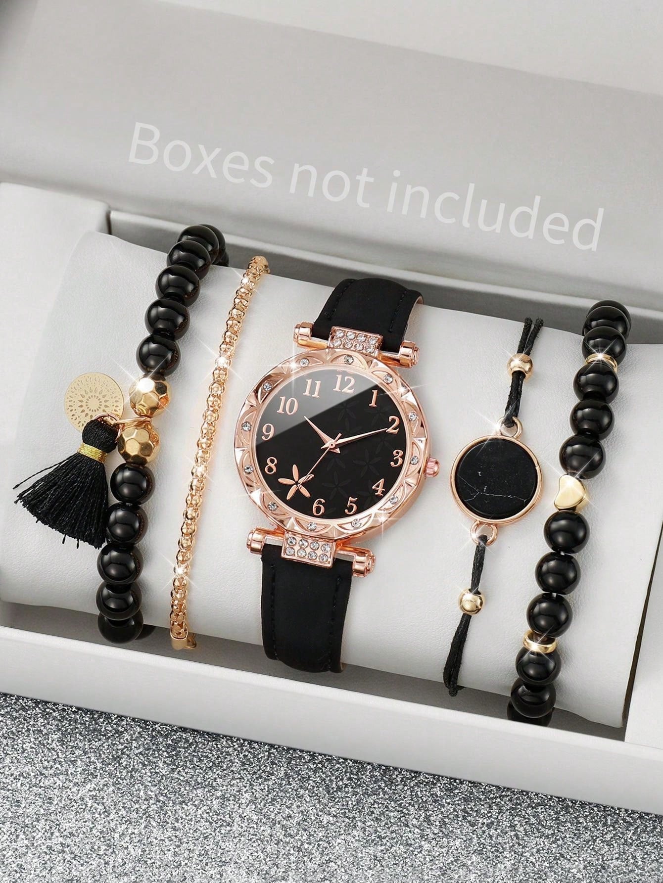 Women's Rhinestone Inlaid Fashionable Minimalistic Numerical Flower Dial Quartz Watch With Leather Strap And Bracelet Set (5pcs/Set)