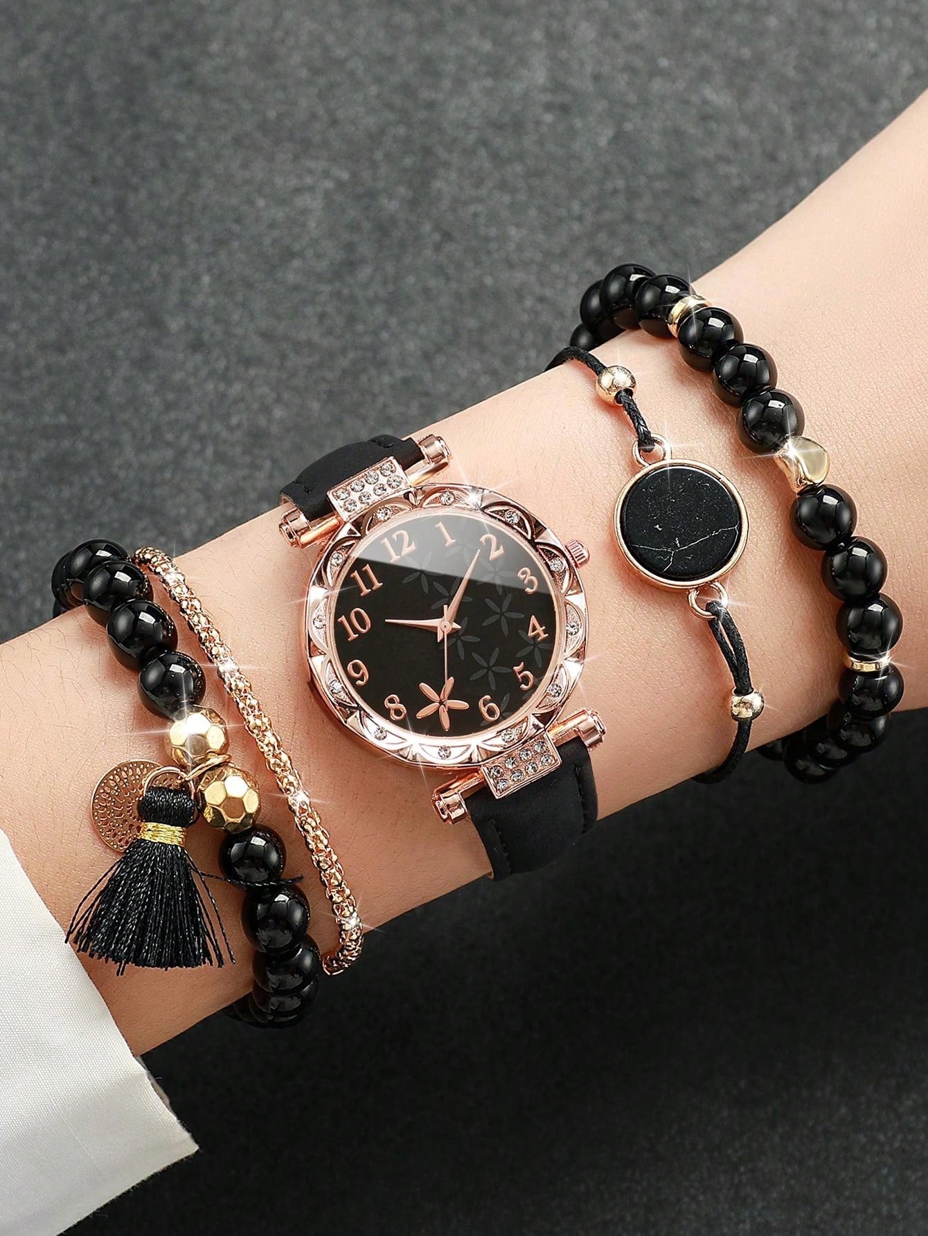 Women's Rhinestone Inlaid Fashionable Minimalistic Numerical Flower Dial Quartz Watch With Leather Strap And Bracelet Set (5pcs/Set)