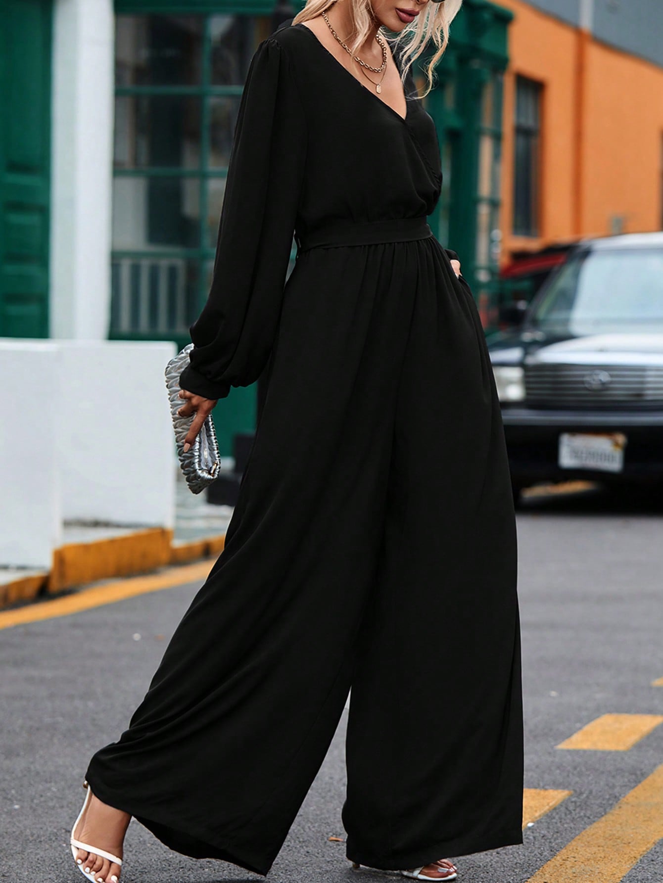 Plunging Neck Lantern Sleeve Wide Leg Jumpsuit