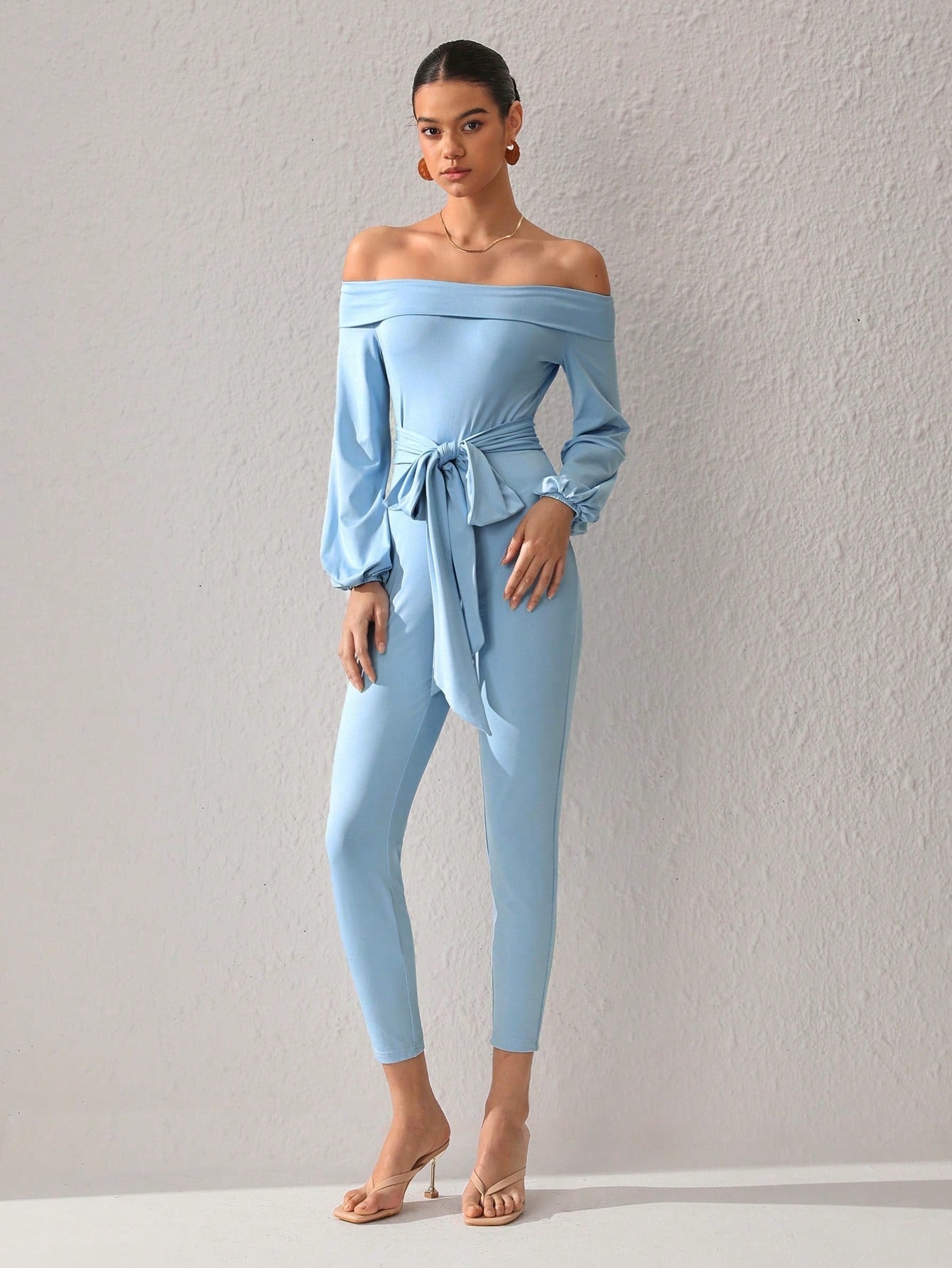 S Essence Women'S Solid Color Off Shoulder Waist Belted Slim Fit Jumpsuit