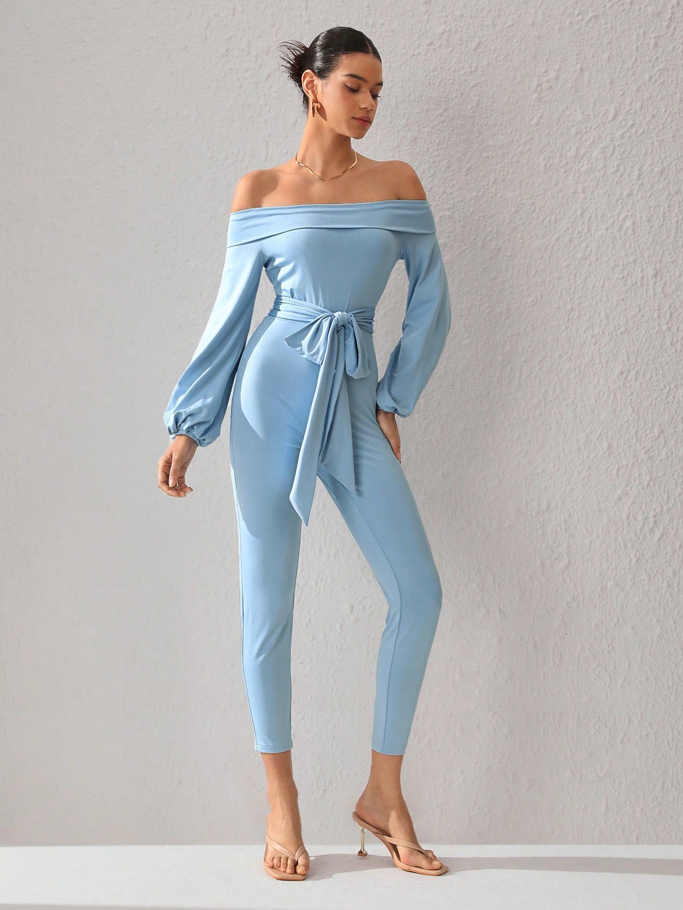 S Essence Women'S Solid Color Off Shoulder Waist Belted Slim Fit Jumpsuit