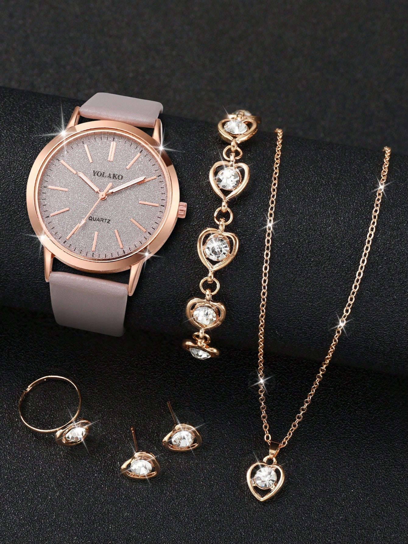 Women's Fashionable Minimalist Matte Dial Quartz Wristwatch With Leather Strap And Heart-Shaped Diamond Jewelry Set (6pcs/Set)