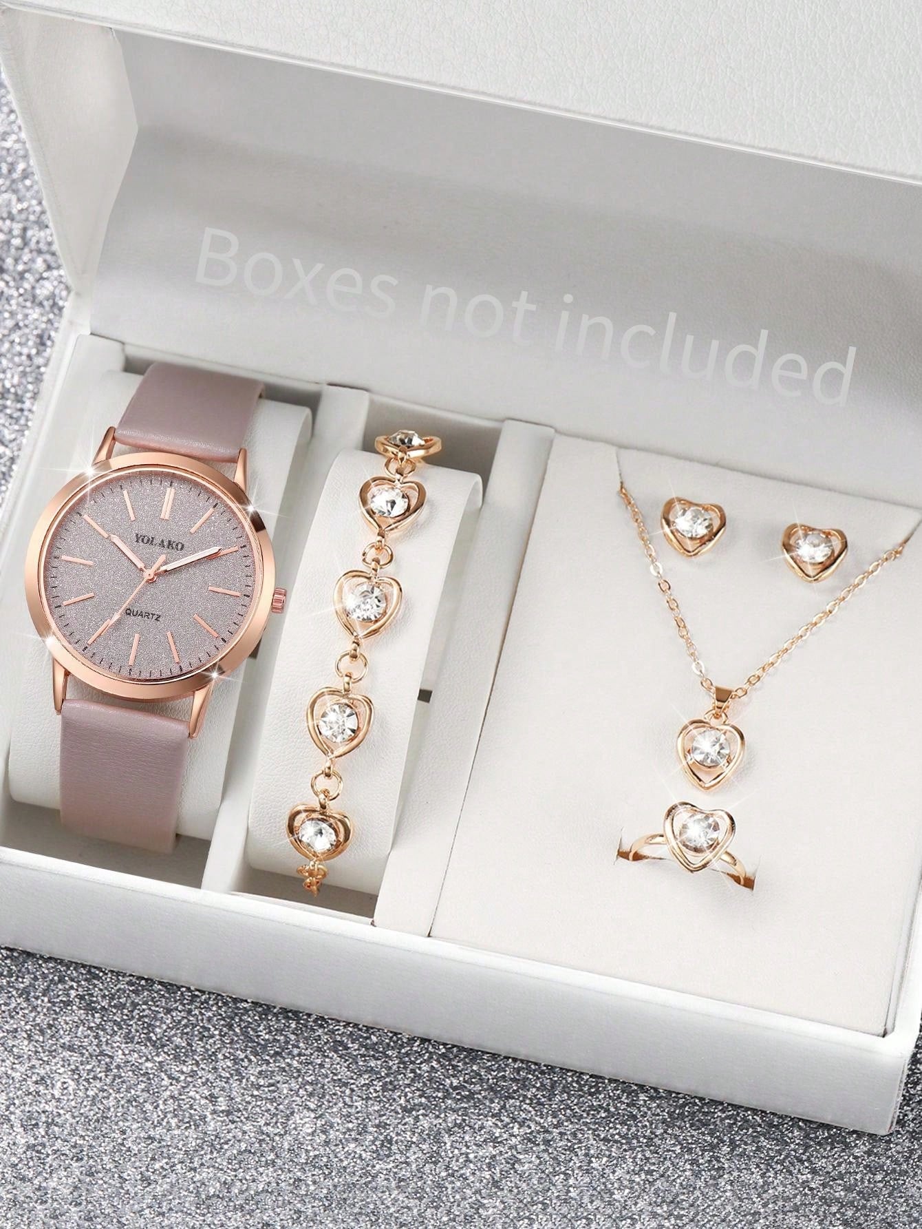 Women's Fashionable Minimalist Matte Dial Quartz Wristwatch With Leather Strap And Heart-Shaped Diamond Jewelry Set (6pcs/Set)