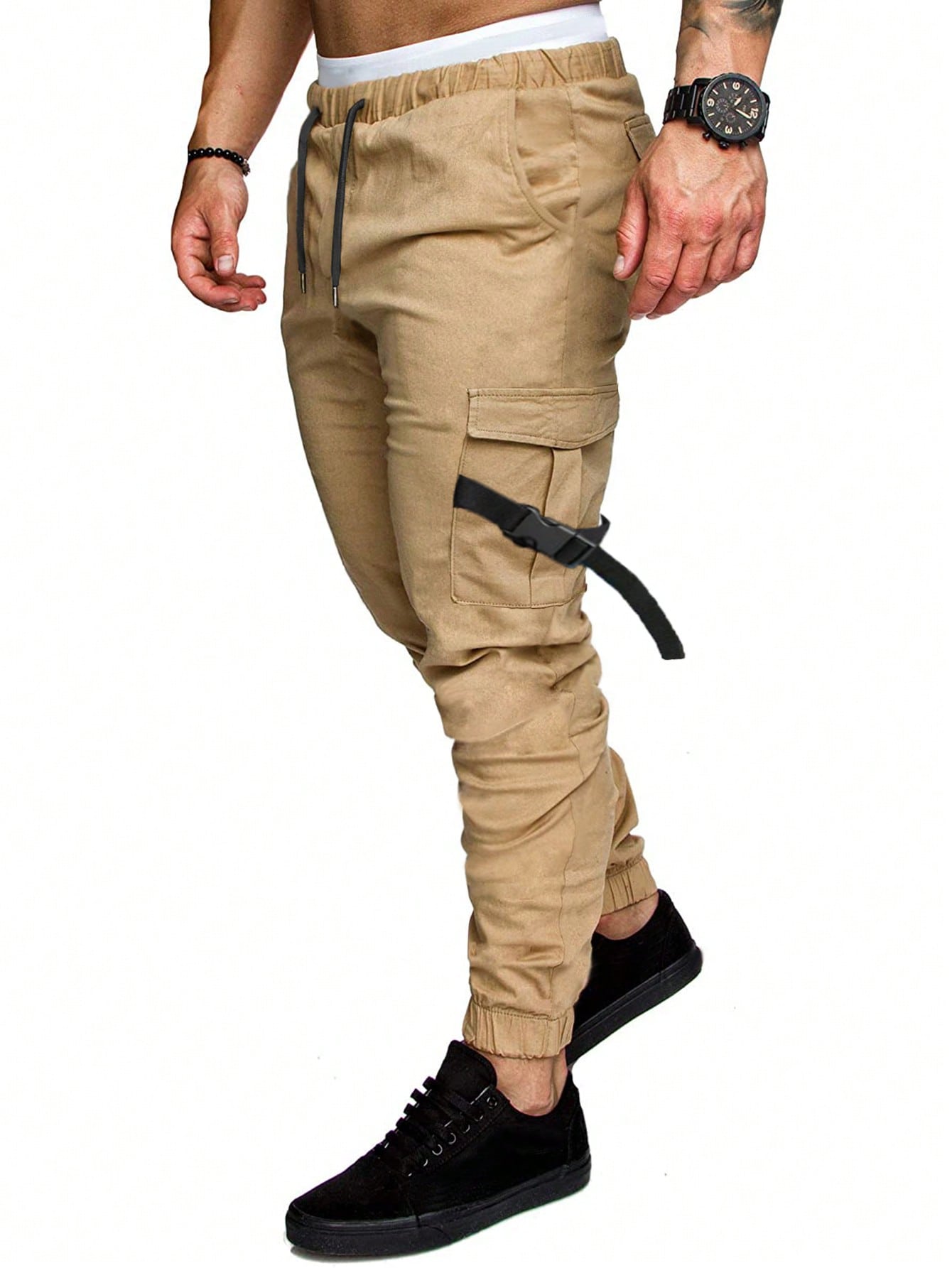 Manfinity Homme Men Flap Pocket Buckle Detail Drawstring Waist Cargo Pants