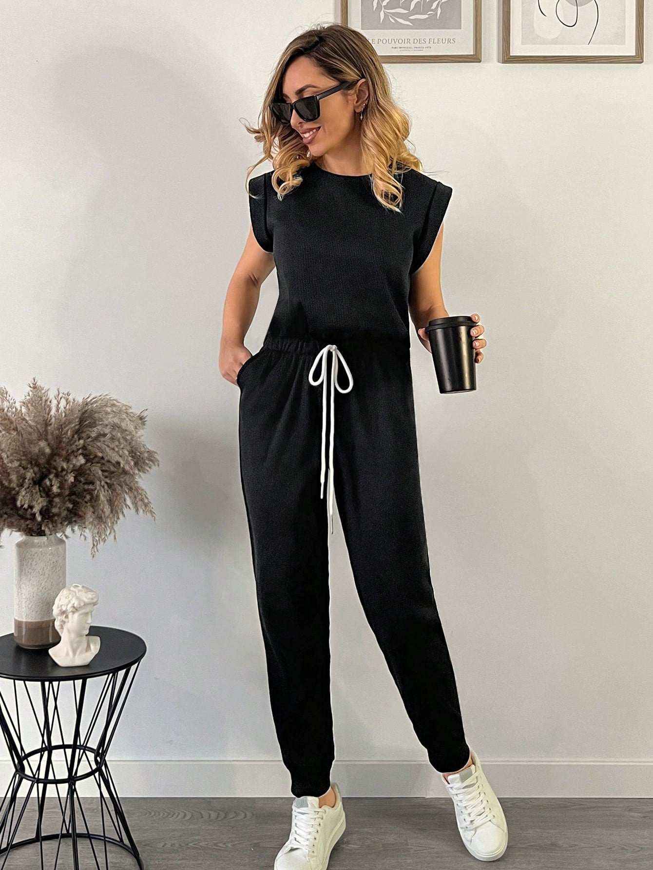 LUNE Women'S Solid Color Drawstring Waist Jumpsuit