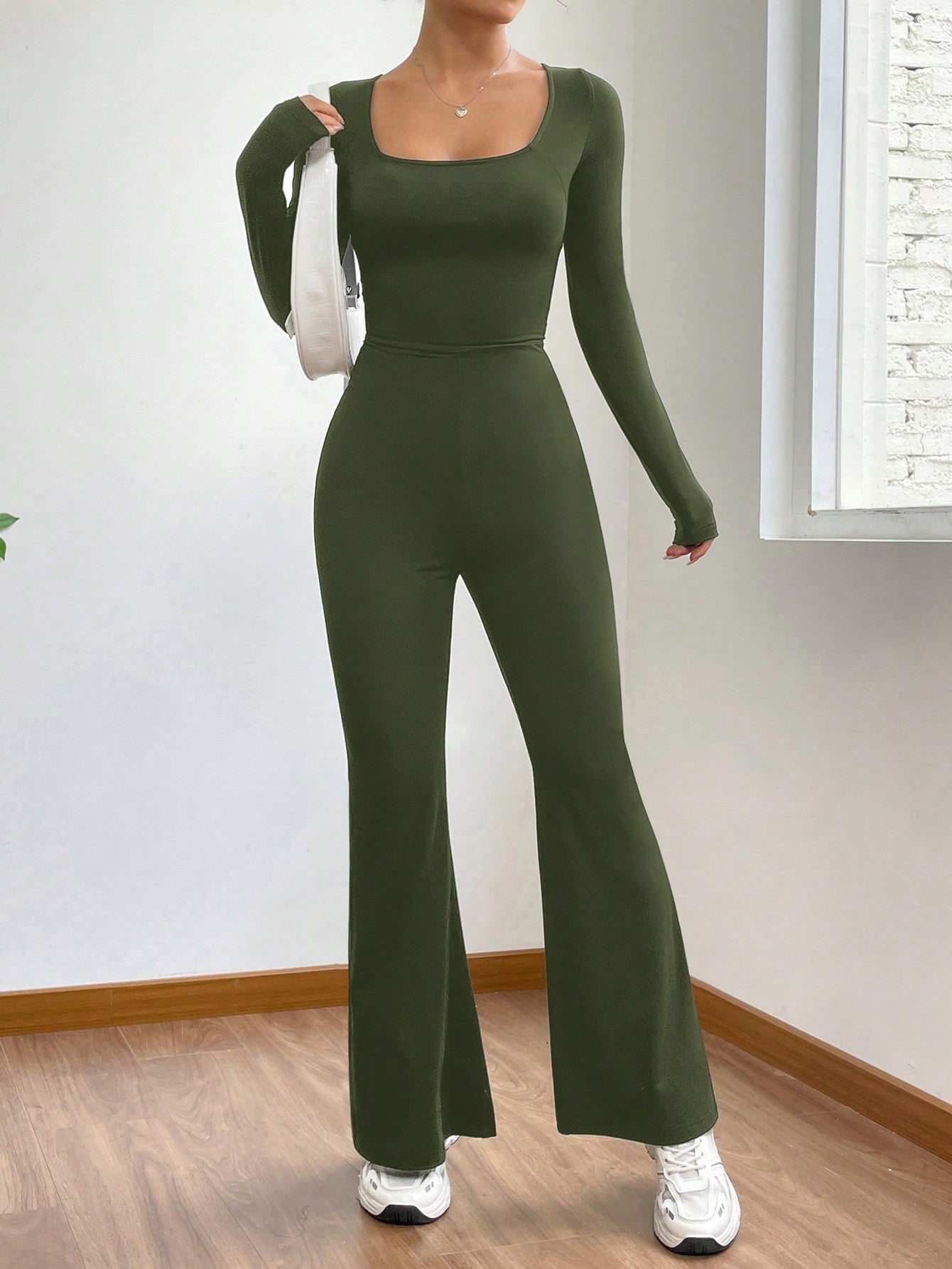 EZwear Square Neck Flare Leg Jumpsuit