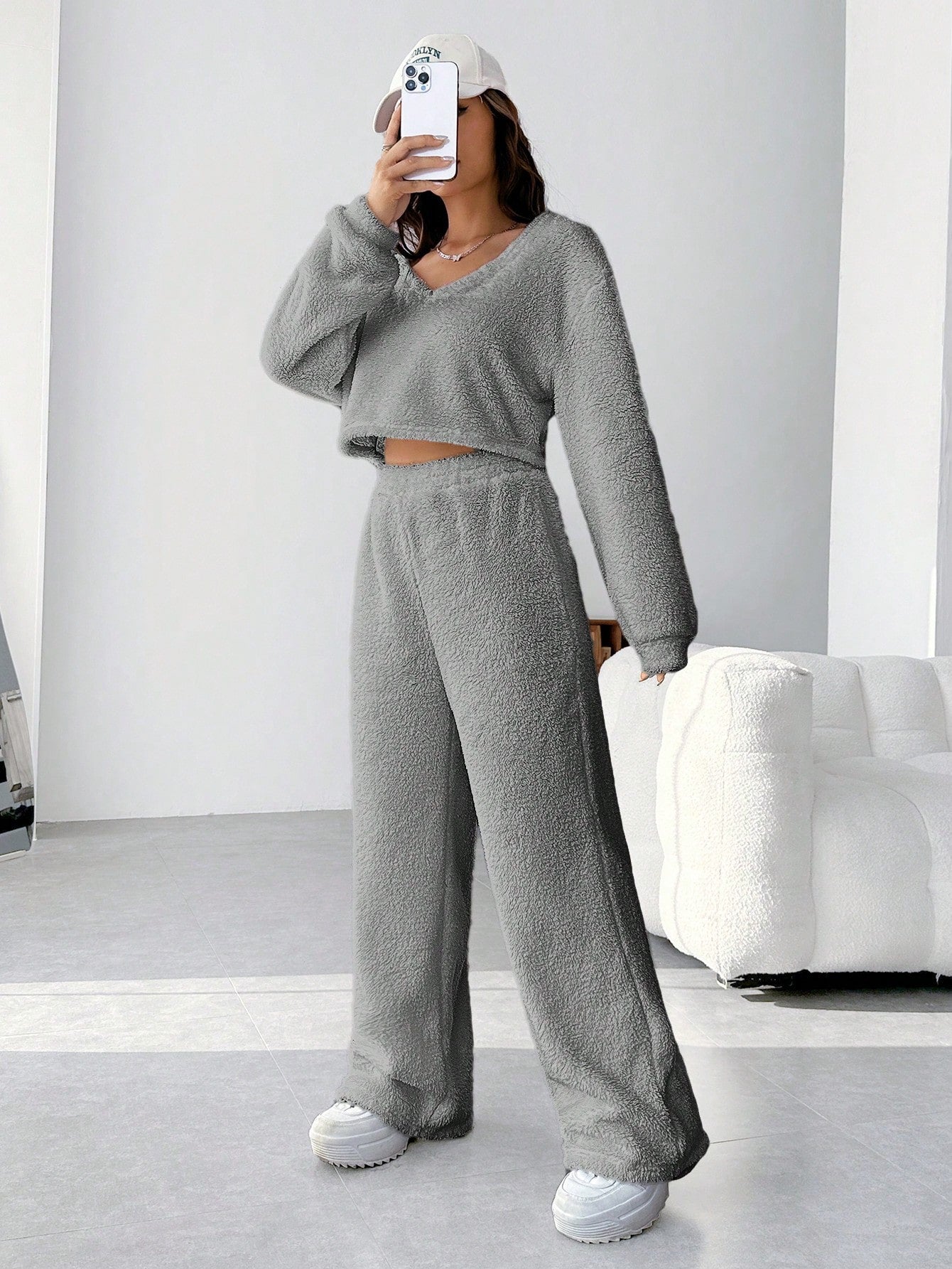 EZwear Plush V-neck Oversized Top And Pants Set