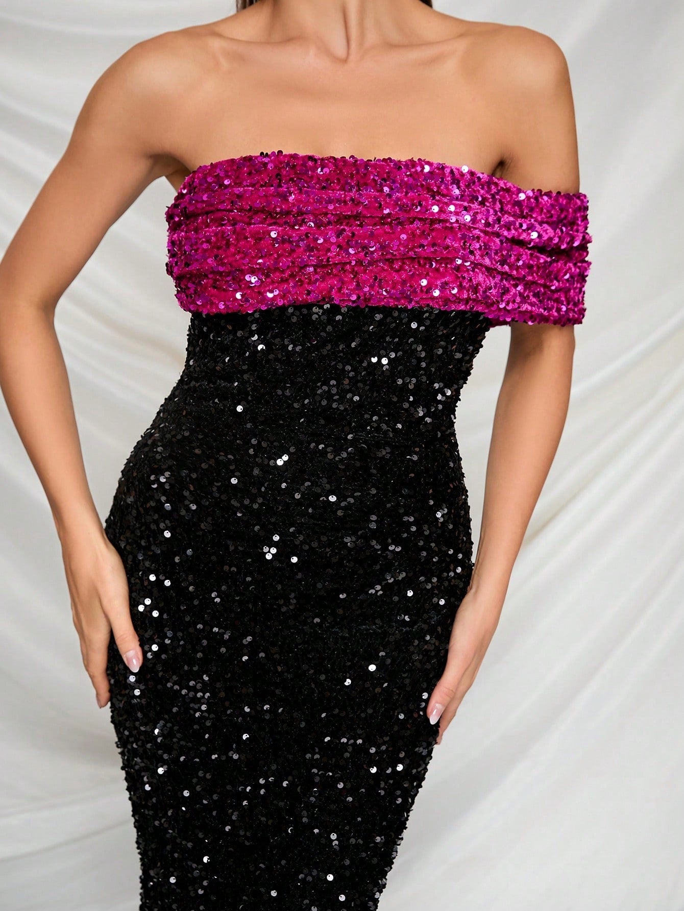 Contrast Color Sequin Mermaid Hem Party Dress