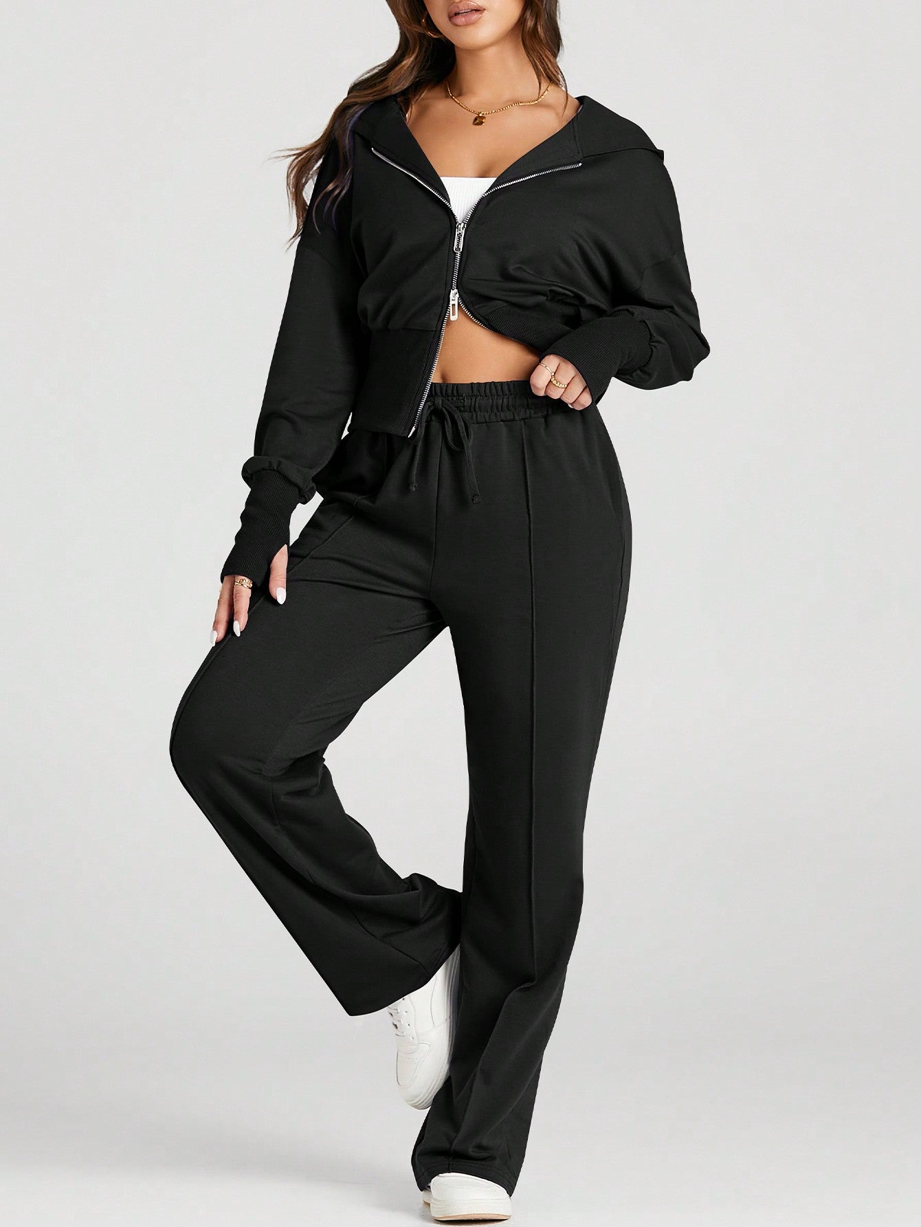 Womens Zip Up Hoodie Jacket Sweatsuits with Sweatpant Track Suits 2 Pcs Casual Outfit Workout Tracksuits