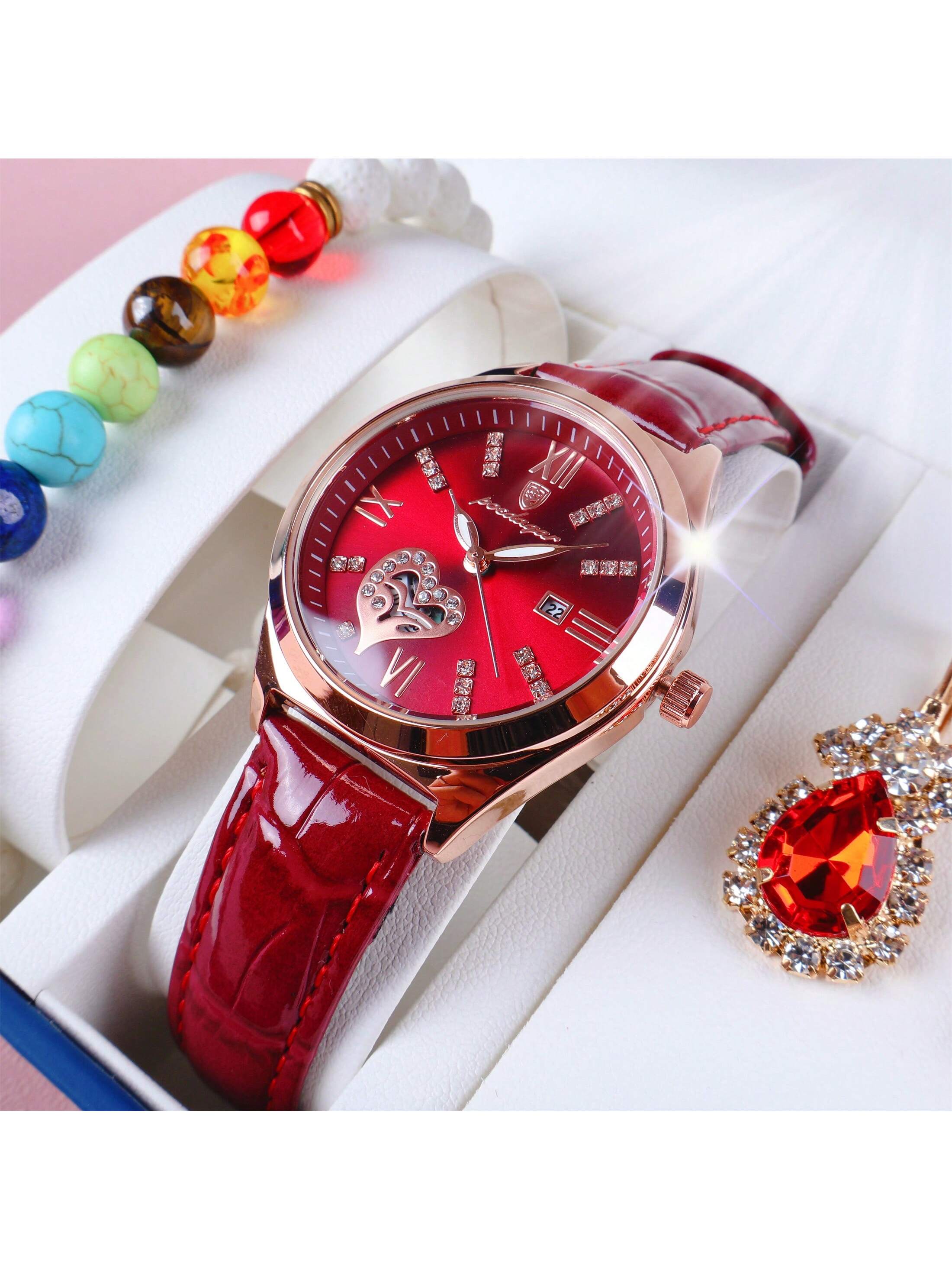 7pcs/Set Women'S Watch Gift Set, Festival Gift Package Including: 1pc Red Faux Leather Water Resistant Diamond Calendar Quartz Watch, 1pc White Volcanic Stone Bracelet, 1pc Red Crystal Necklace, 1pc Red Crystal Ring, 2pcs Red Crystal Stud Earrings, And 1p