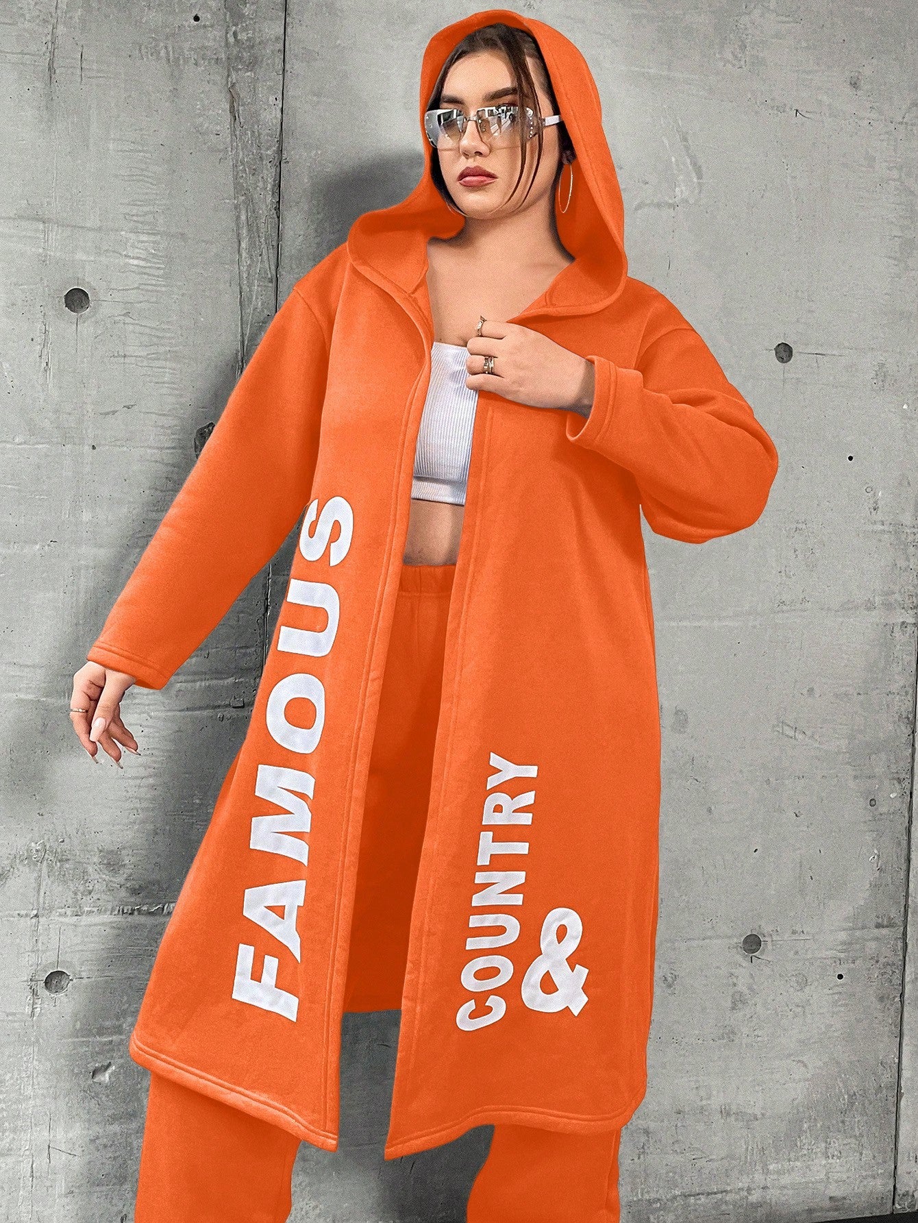 Coolane Plus Size Women's Letter Printed Hooded Fleece Jacket And Pants Set