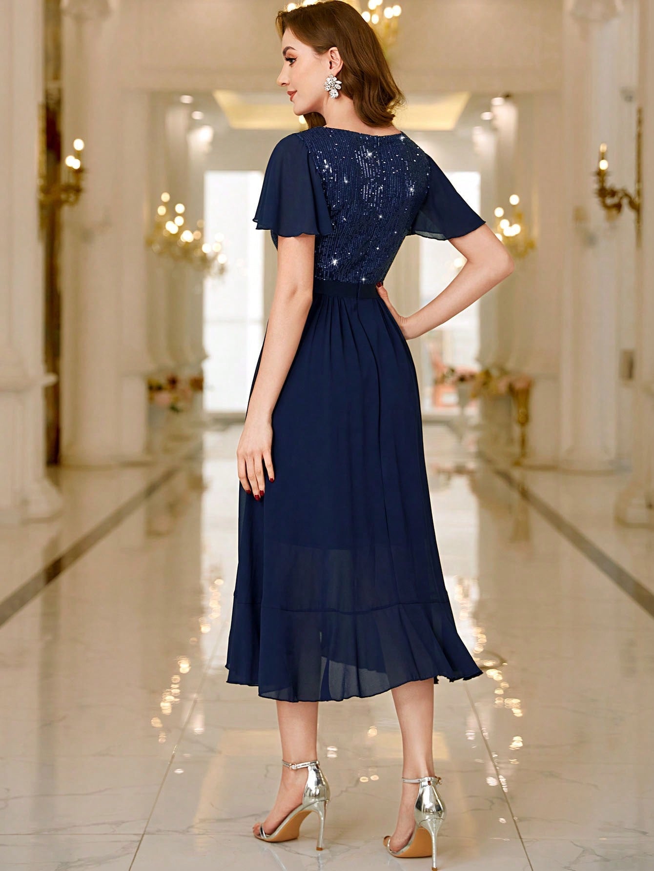 MIUSOL Contrast Sequin Chiffon Ruffle Butterfly Sleeve Evening Party Dress