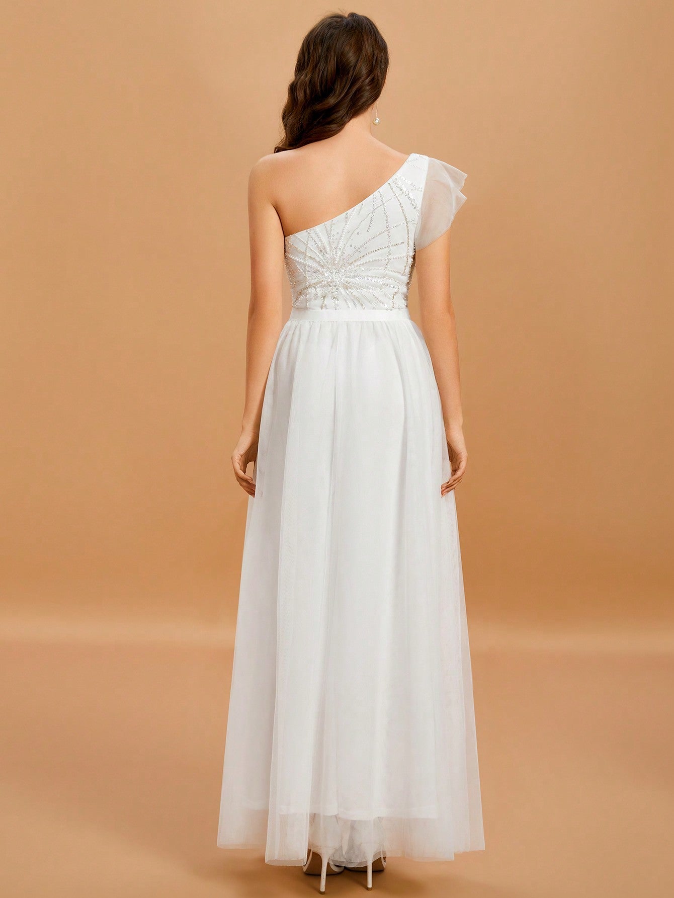 One Shoulder Contrast Sequin Splicing Mesh Wedding Dress