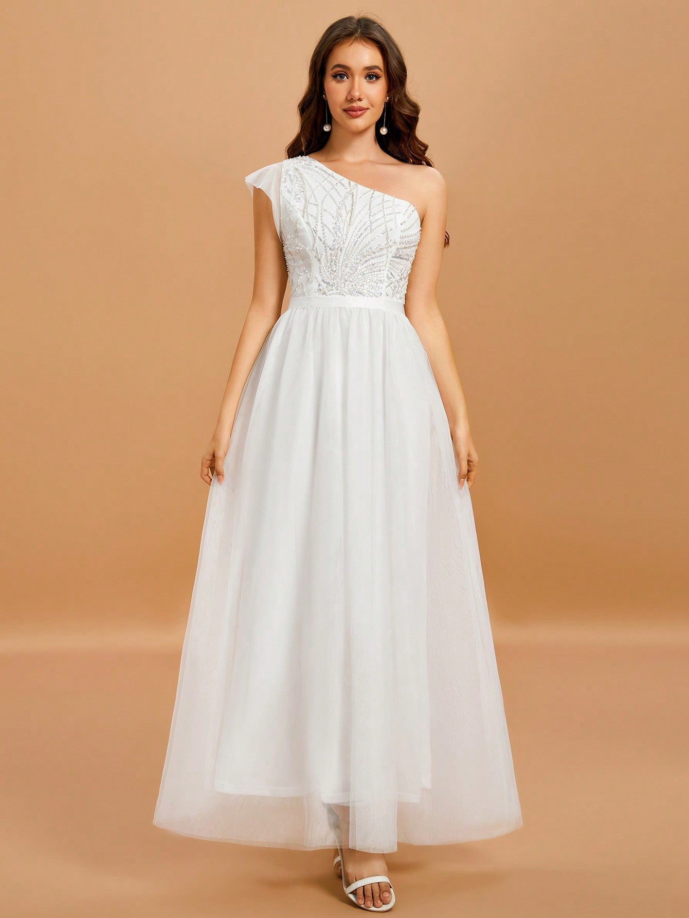 One Shoulder Contrast Sequin Splicing Mesh Wedding Dress