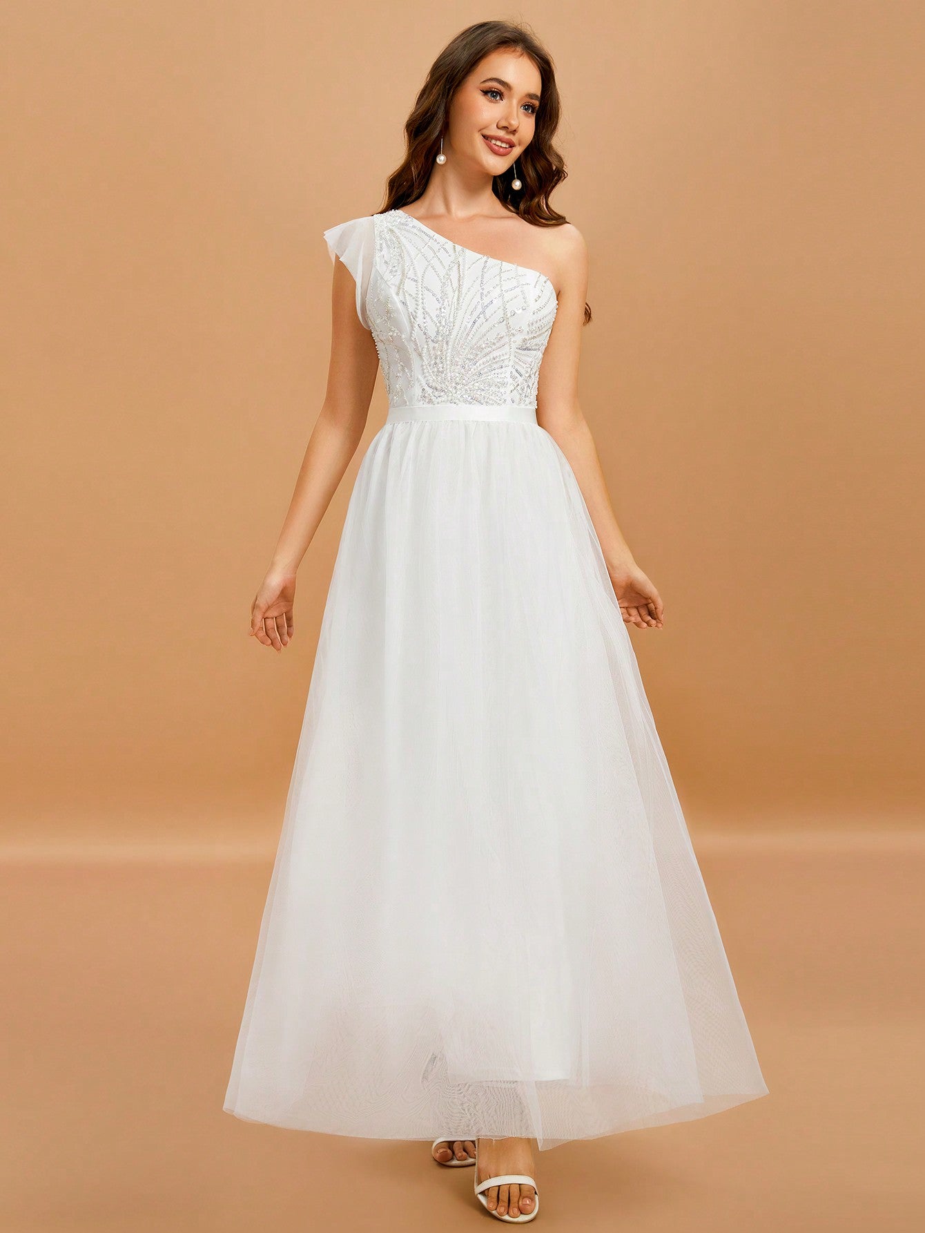 One Shoulder Contrast Sequin Splicing Mesh Wedding Dress