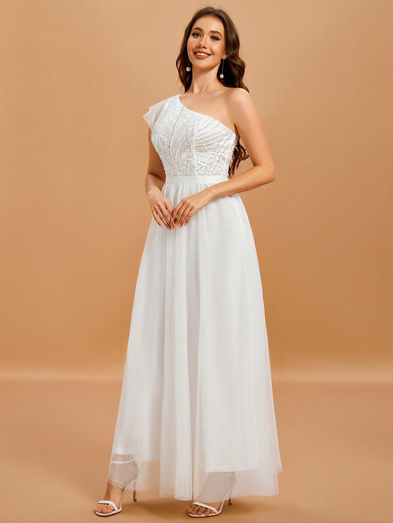 One Shoulder Contrast Sequin Splicing Mesh Wedding Dress