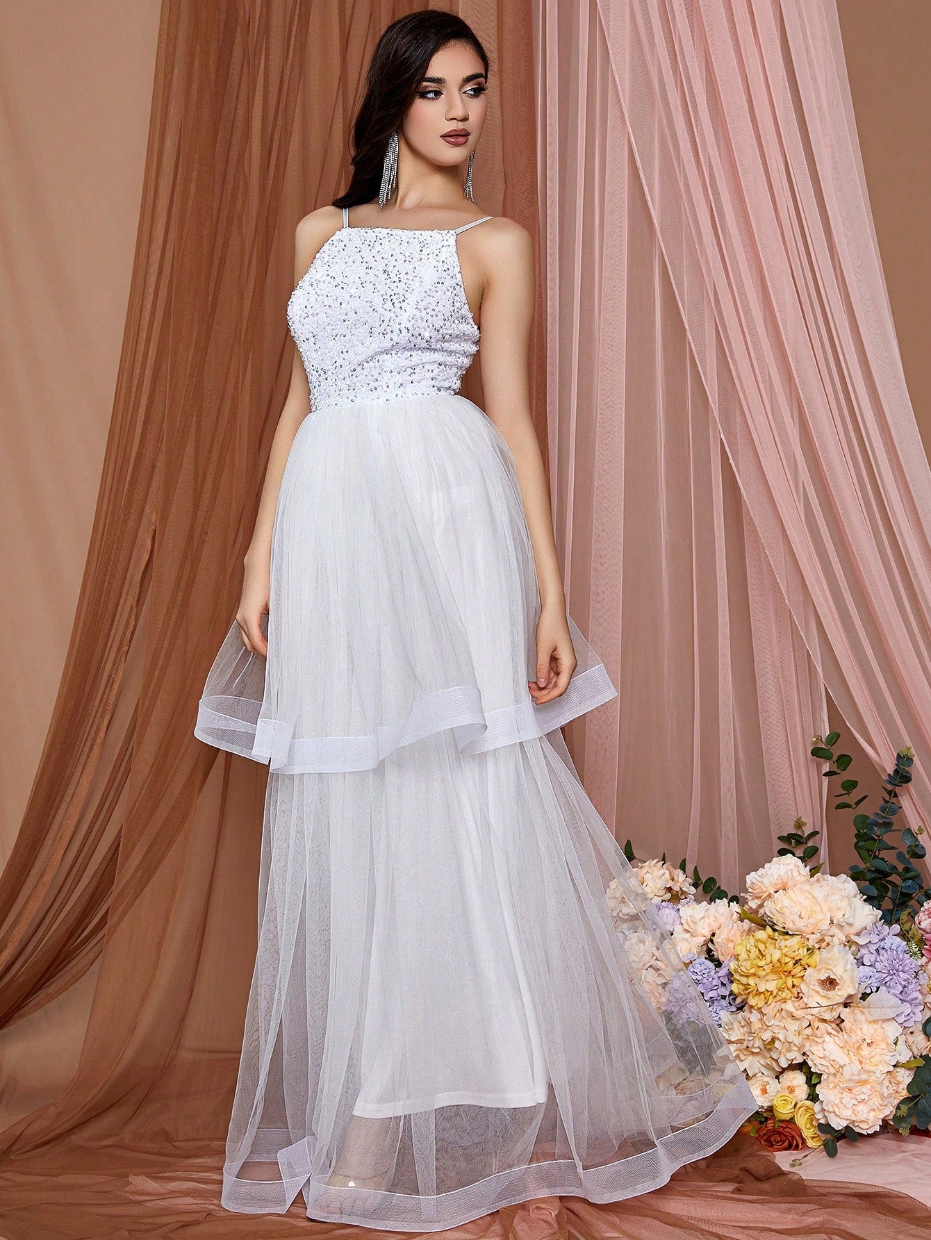 LOVE&LEMONADE Glitter Mesh Splice Cami Wedding Dress