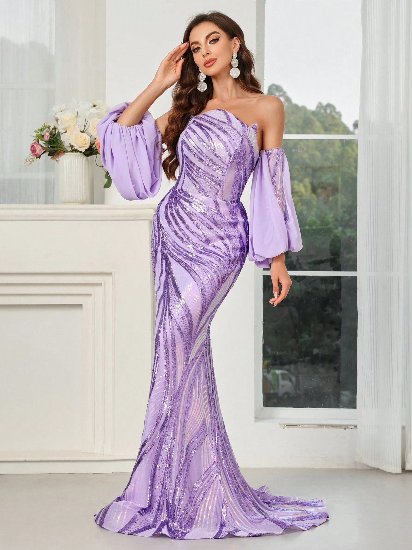 Belle Spaghetti Strap Backless Lantern Sleeve Off Shoulder Sparkling Mermaid Evening Party Dress