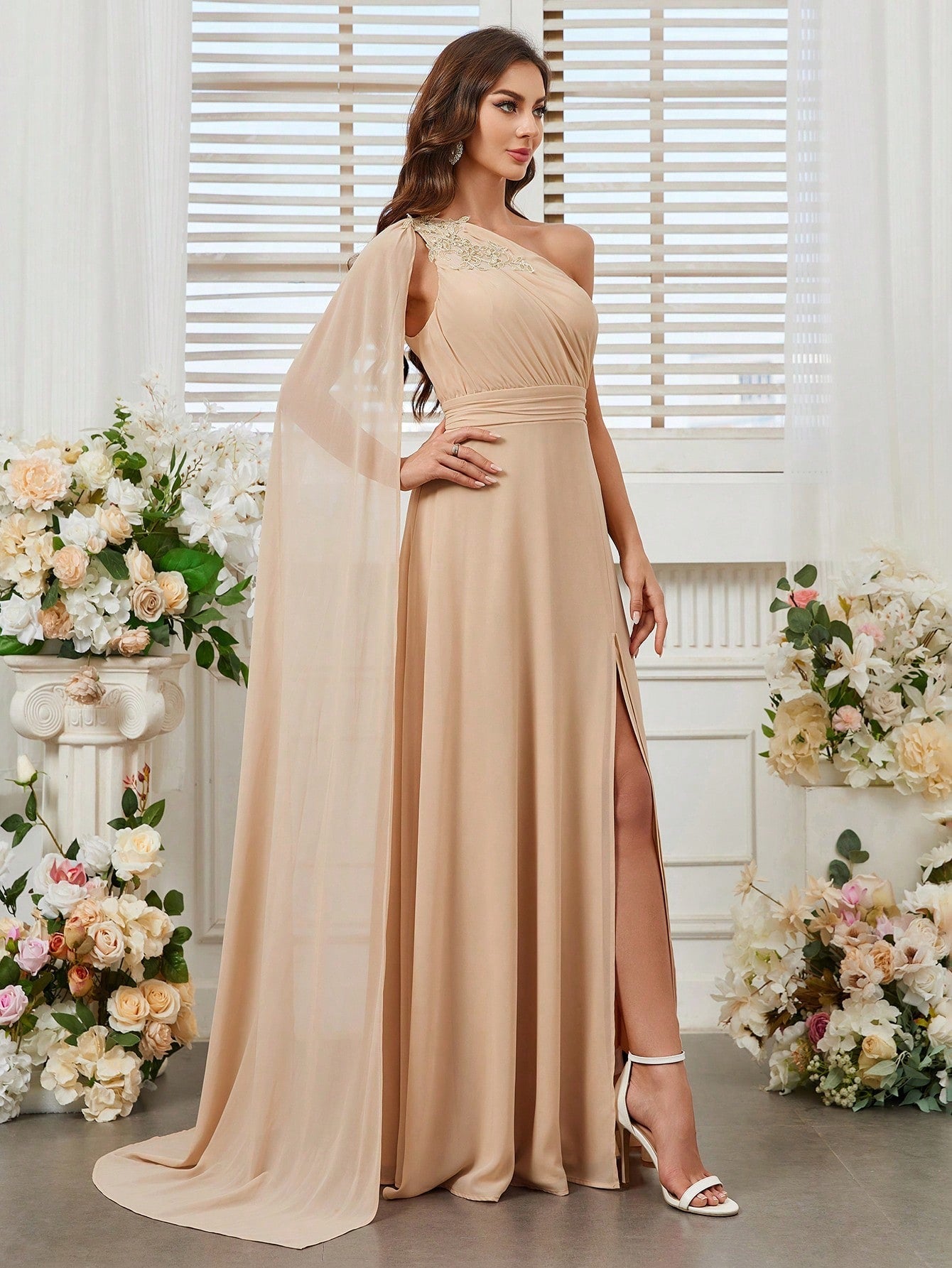 Belle Embroidery Sticker Detail, Single Shoulder, Extra Long Cape Sleeve, High Front Slit, Bridesmaid Dress With Long Train