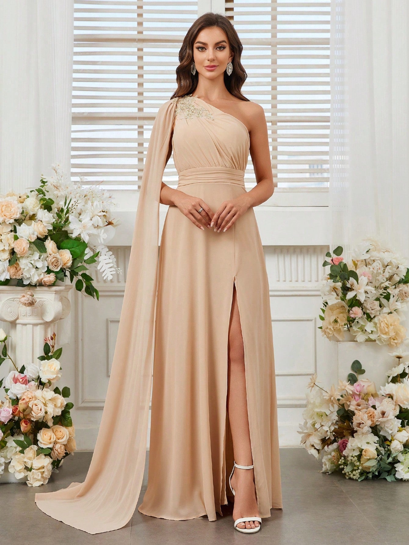 Belle Embroidery Sticker Detail, Single Shoulder, Extra Long Cape Sleeve, High Front Slit, Bridesmaid Dress With Long Train