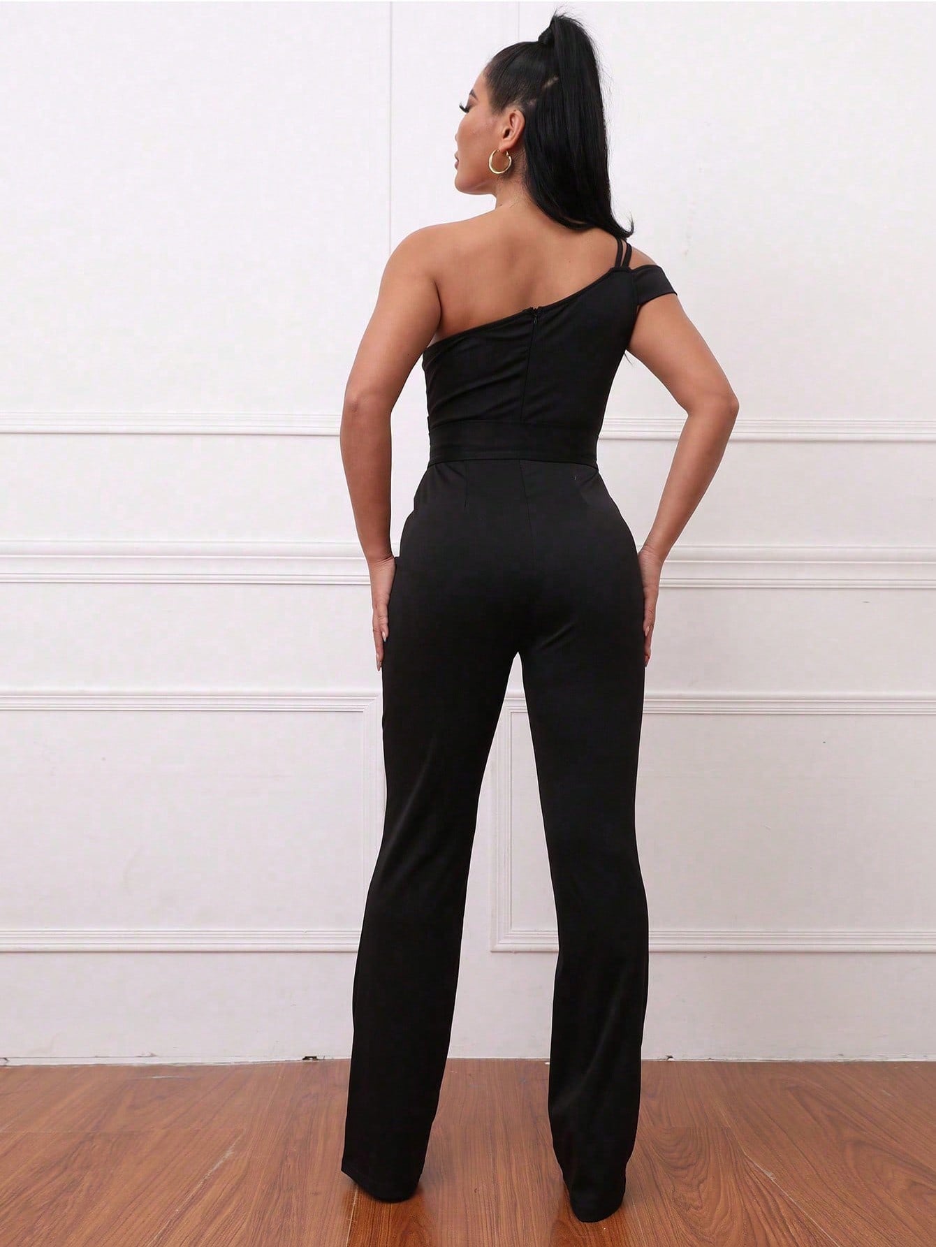 Ladies' Solid Color Irregular Collar Flare Leg Jumpsuit