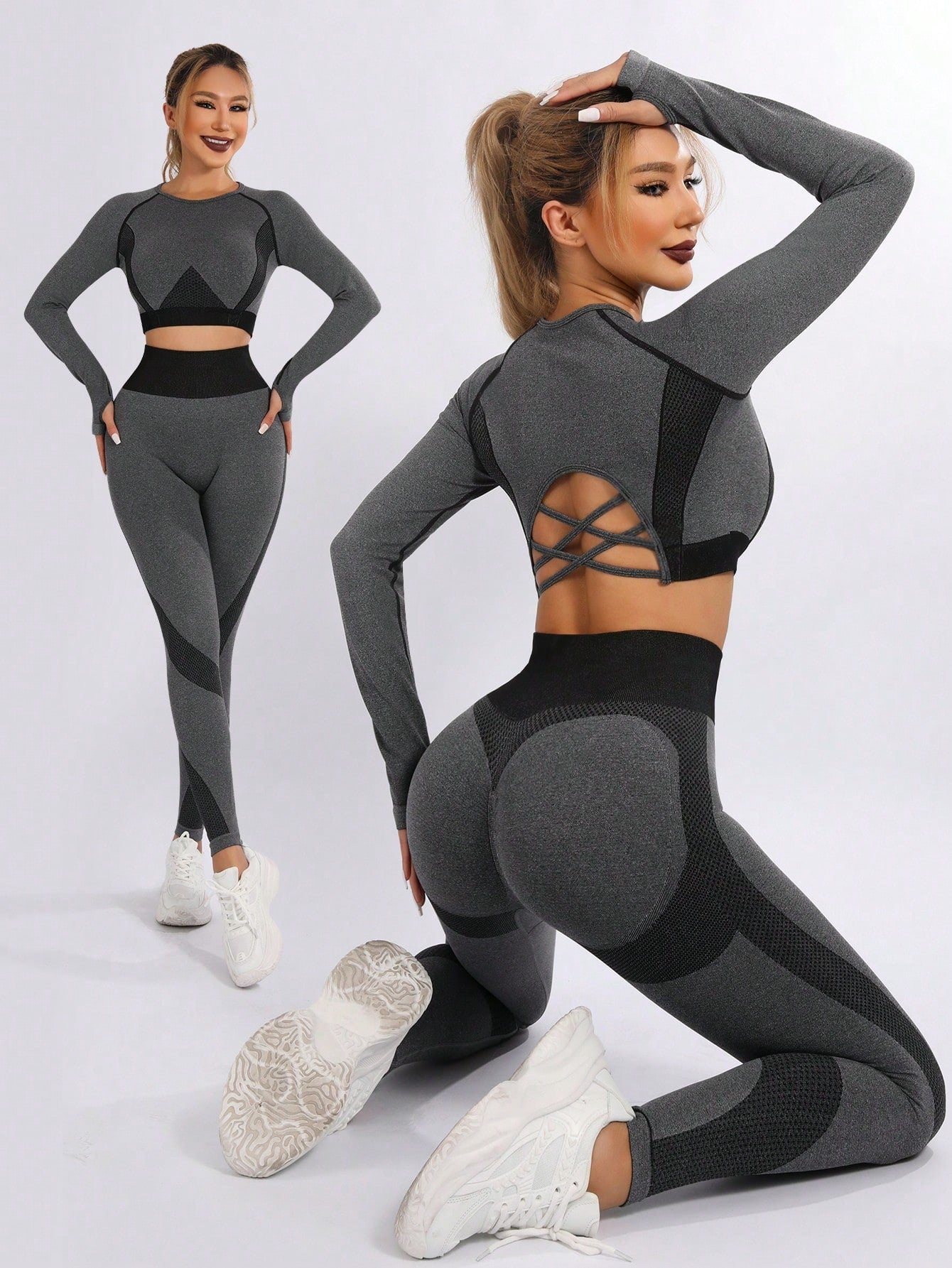 Women Yoga Basic 2pcs Workout Set Seamless Long Sleeve Shirts Tops Thumb Hole Tummy Control Leggings