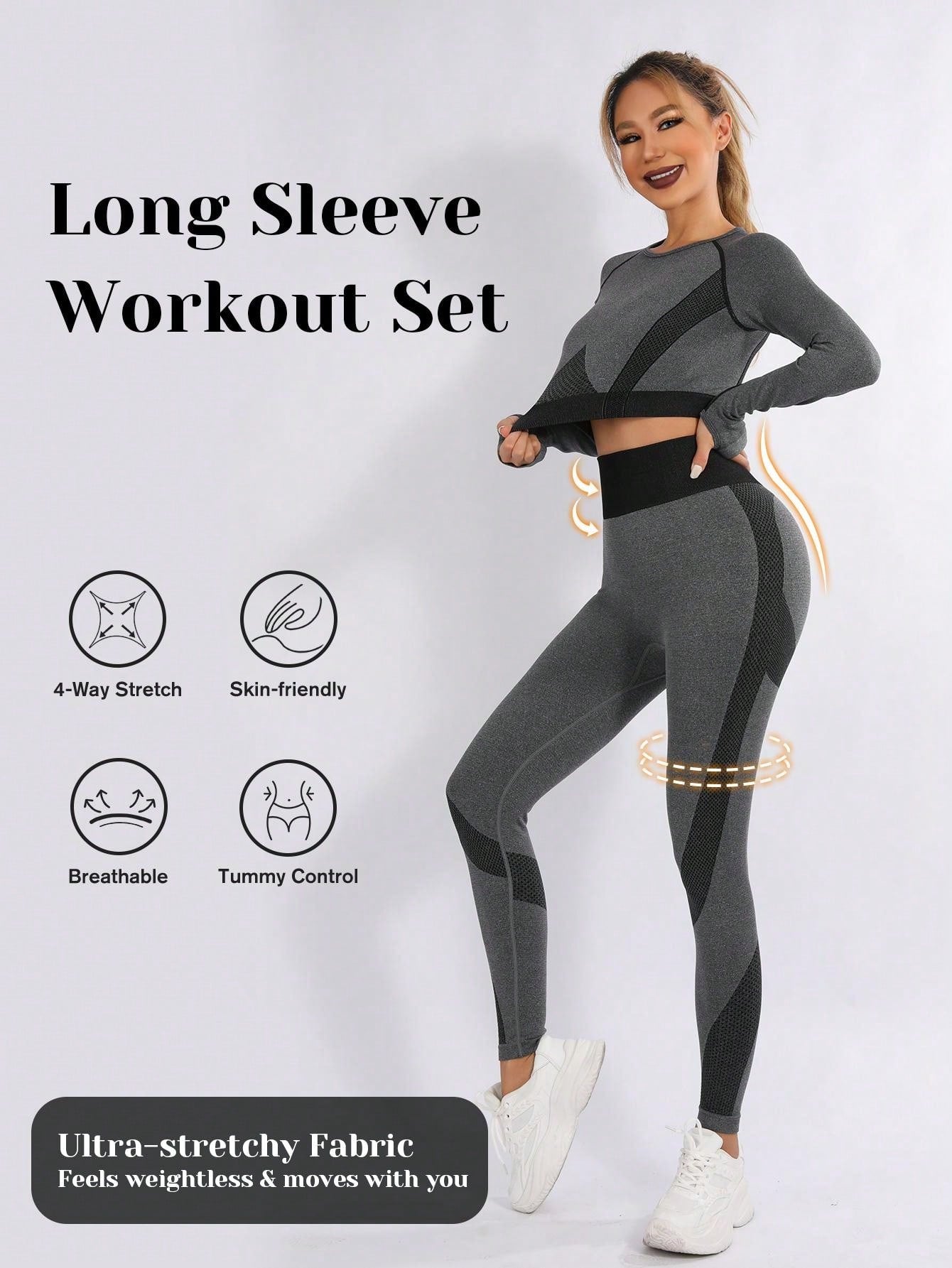 Women Yoga Basic 2pcs Workout Set Seamless Long Sleeve Shirts Tops Thumb Hole Tummy Control Leggings