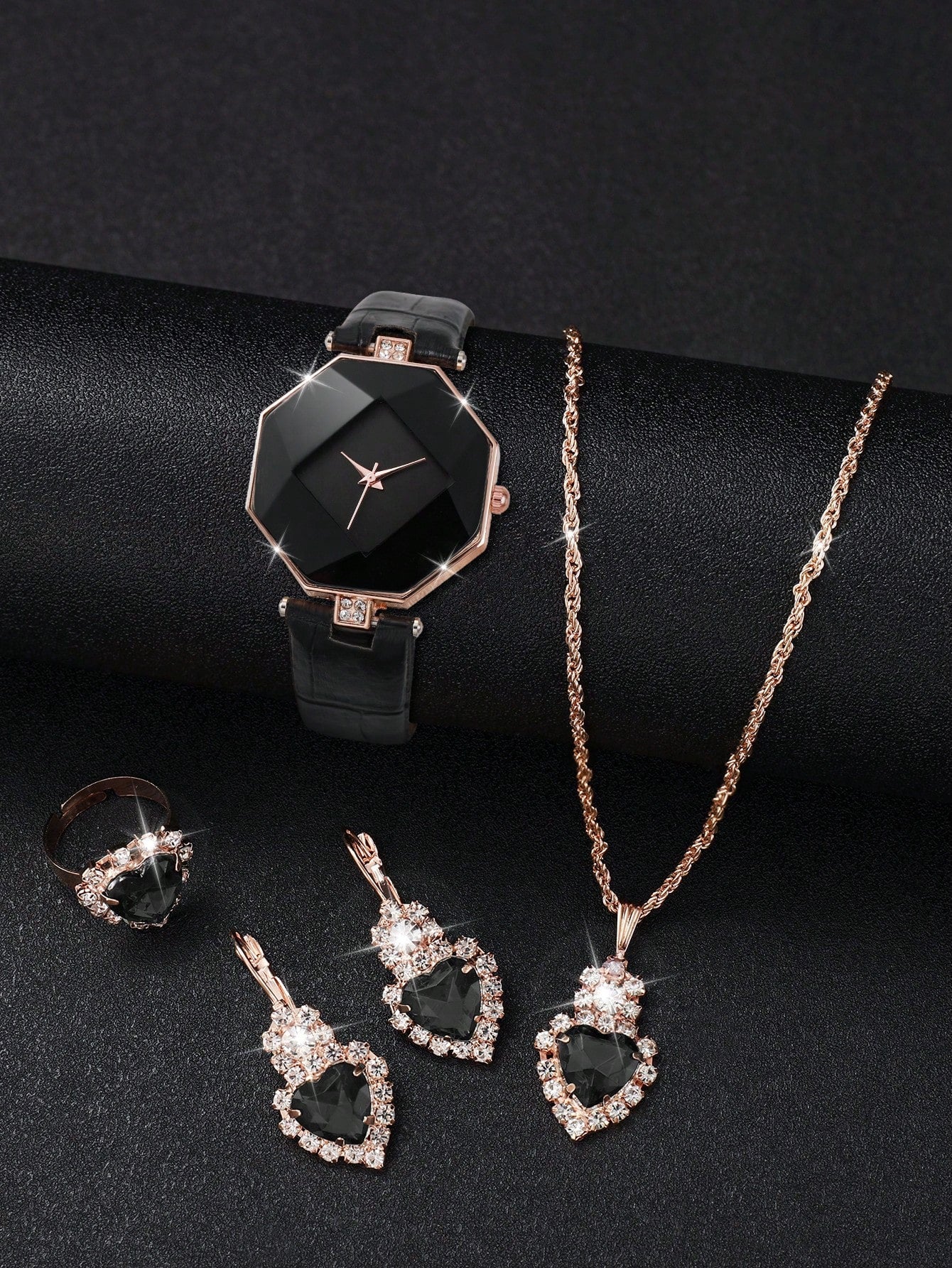 Women's Leather Belt Fashionable Simple Diamond Shaped Dial Quartz Watch + Heart-Shaped Rhinestone Jewelry Set (5pcs/Set)