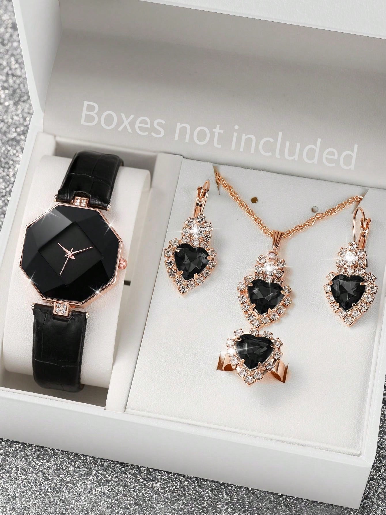 Women's Leather Belt Fashionable Simple Diamond Shaped Dial Quartz Watch + Heart-Shaped Rhinestone Jewelry Set (5pcs/Set)