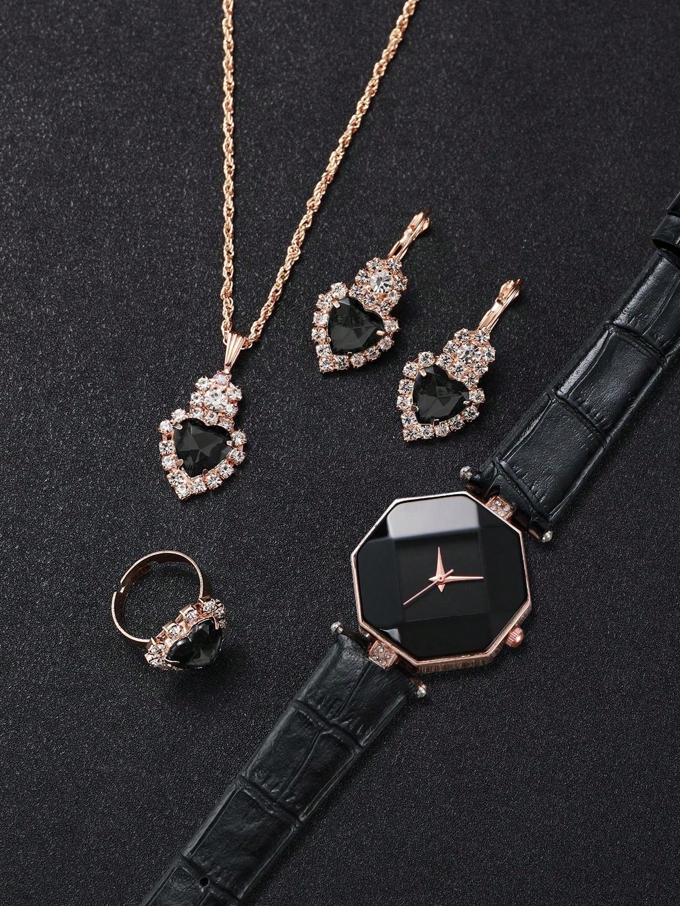 Women's Leather Belt Fashionable Simple Diamond Shaped Dial Quartz Watch + Heart-Shaped Rhinestone Jewelry Set (5pcs/Set)