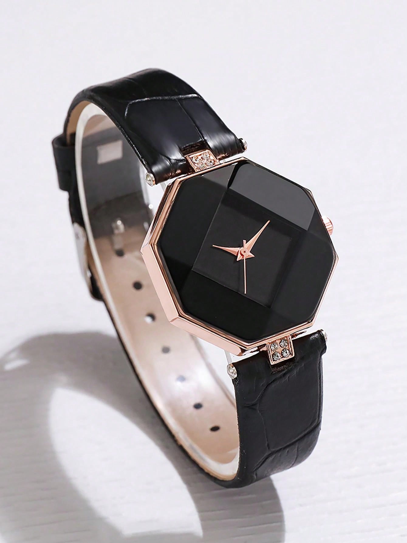 Women's Leather Belt Fashionable Simple Diamond Shaped Dial Quartz Watch + Heart-Shaped Rhinestone Jewelry Set (5pcs/Set)