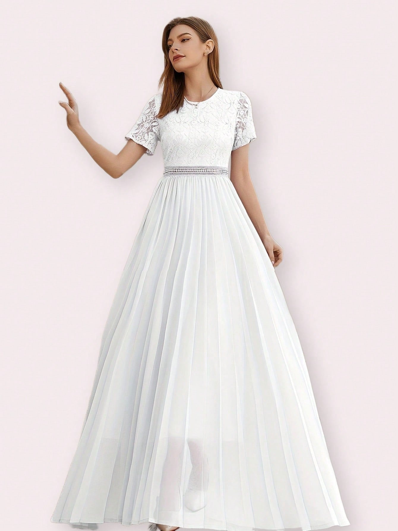 Round Neckline, Short-Sleeved, Waist Gathered Lace Stitching, Solid Color Pleated Bride Wedding Dress