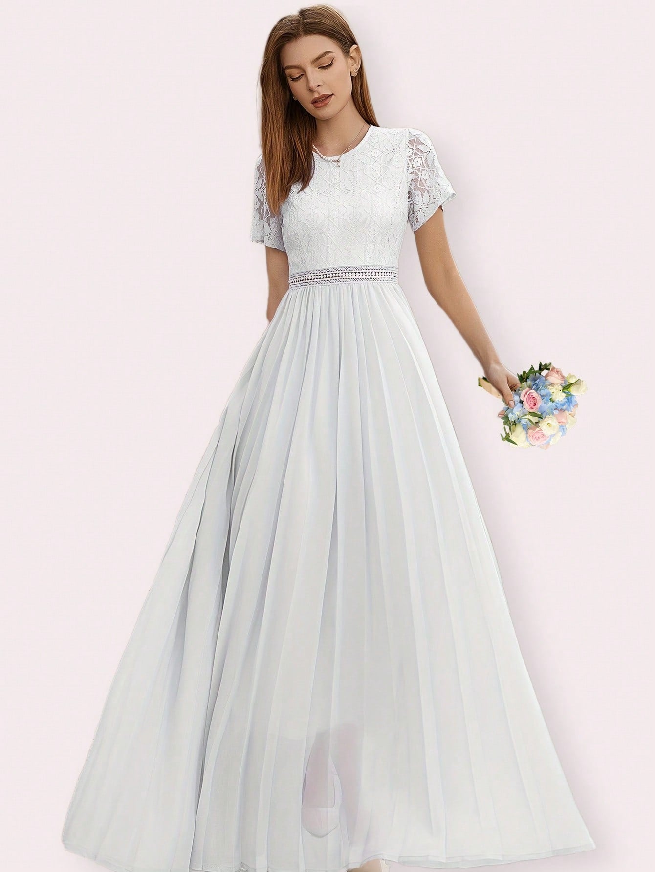 Round Neckline, Short-Sleeved, Waist Gathered Lace Stitching, Solid Color Pleated Bride Wedding Dress