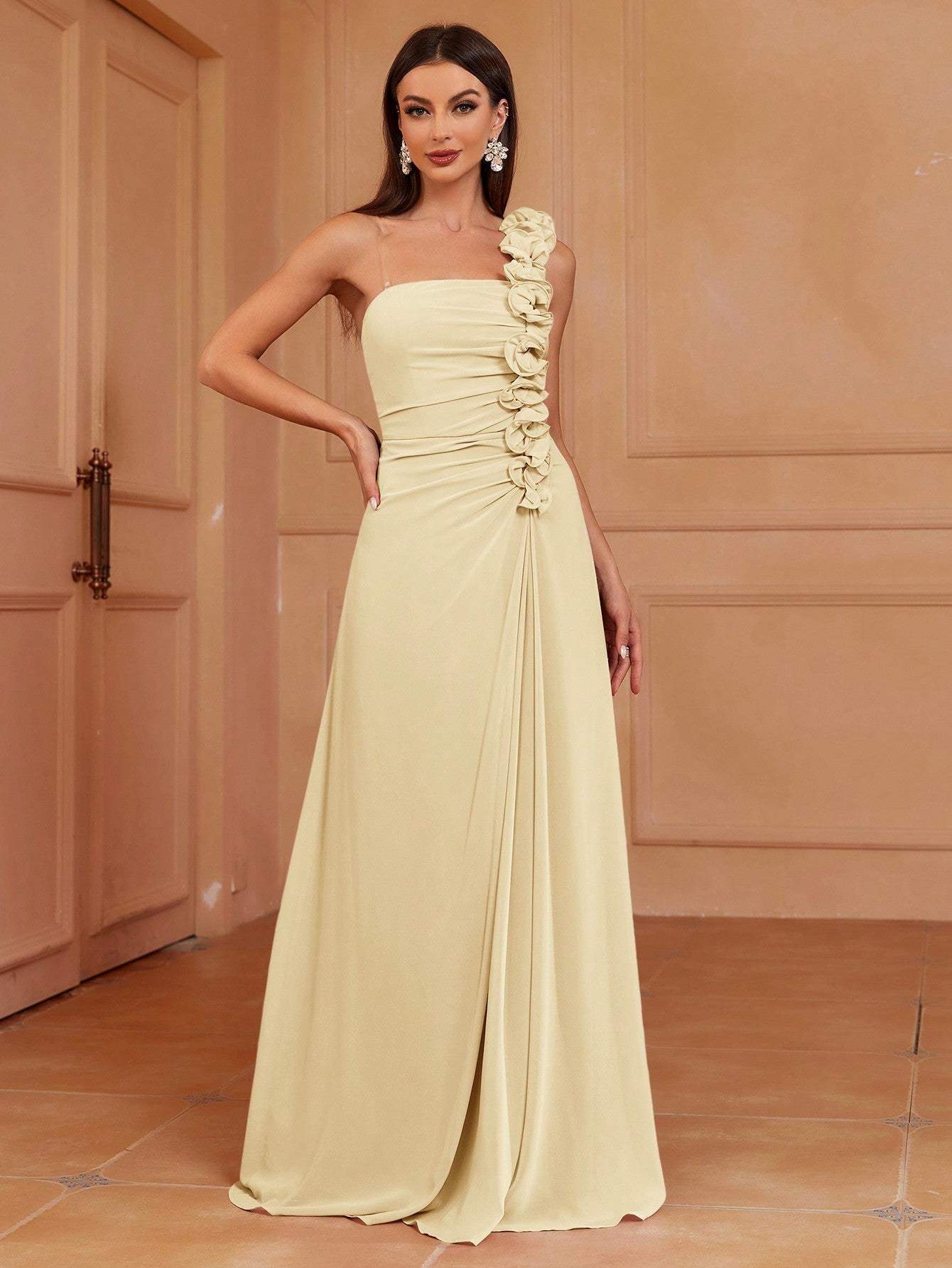 Belle One Shoulder Pleated Lace A-Line Bridesmaid Dress