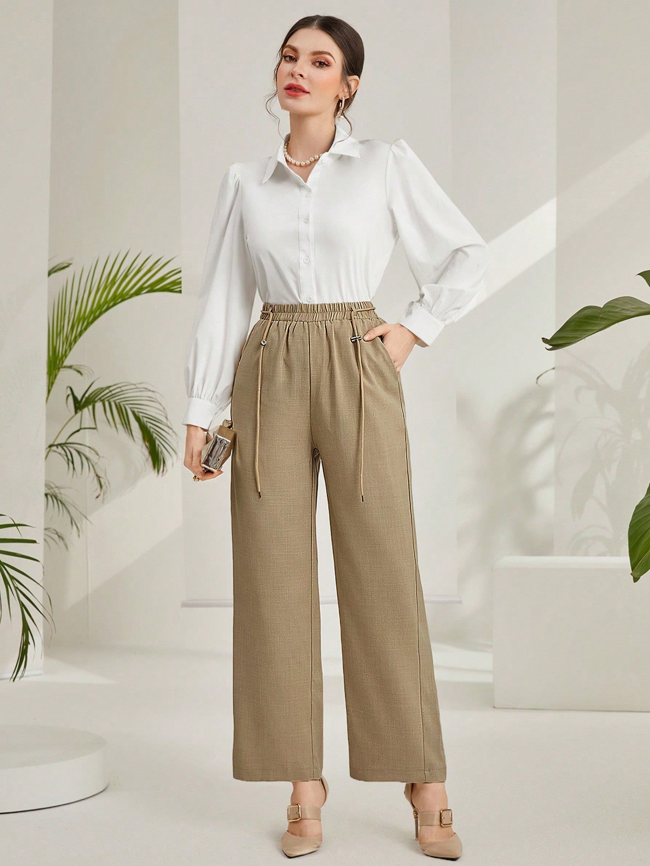 Mulvari Women'S High Waisted Slanted Pocket Long Pants