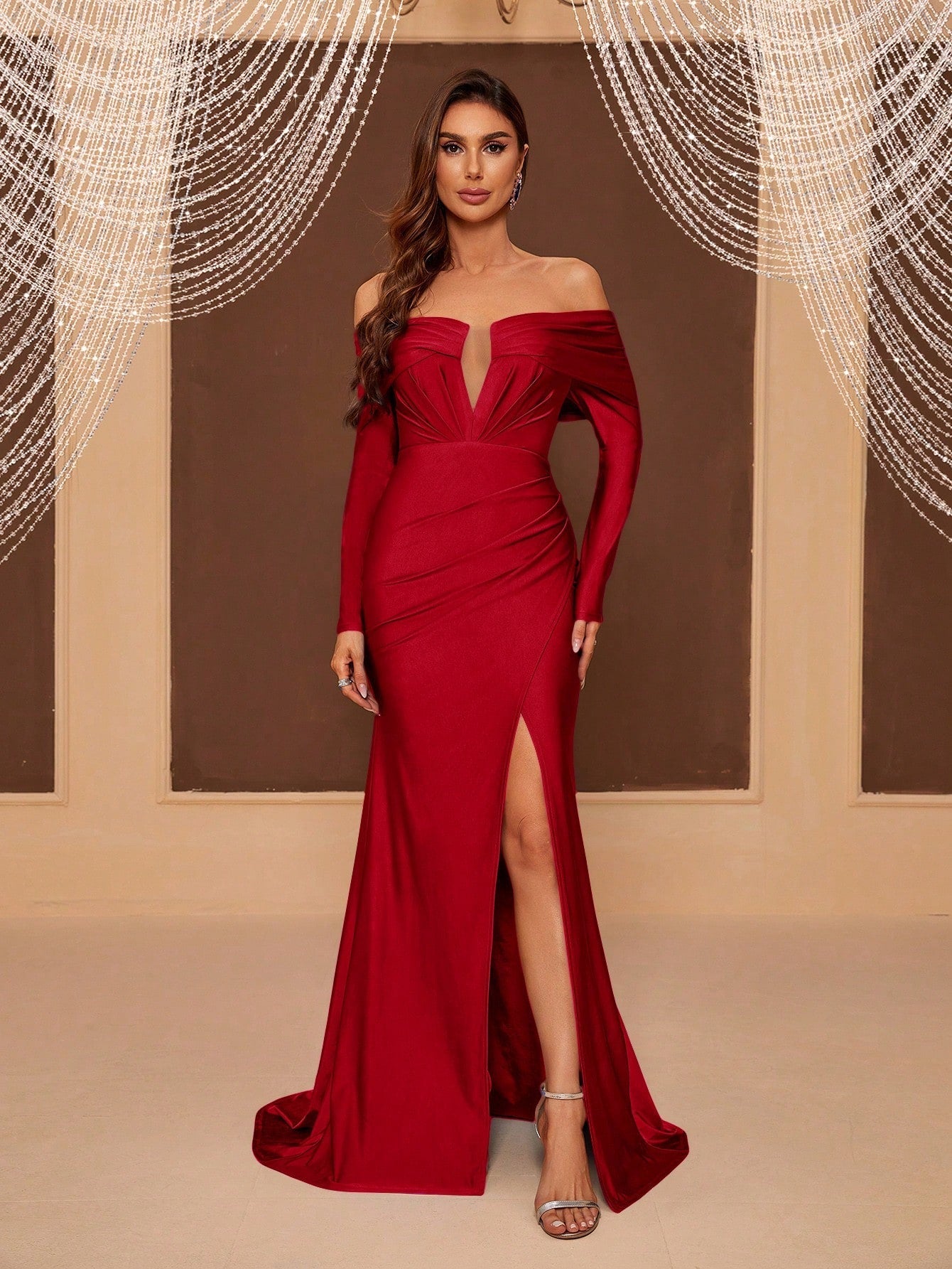 Belle Ladies' Formal Evening Dress With Shaped Bust, High Slit, Off Shoulder, Sexy Train