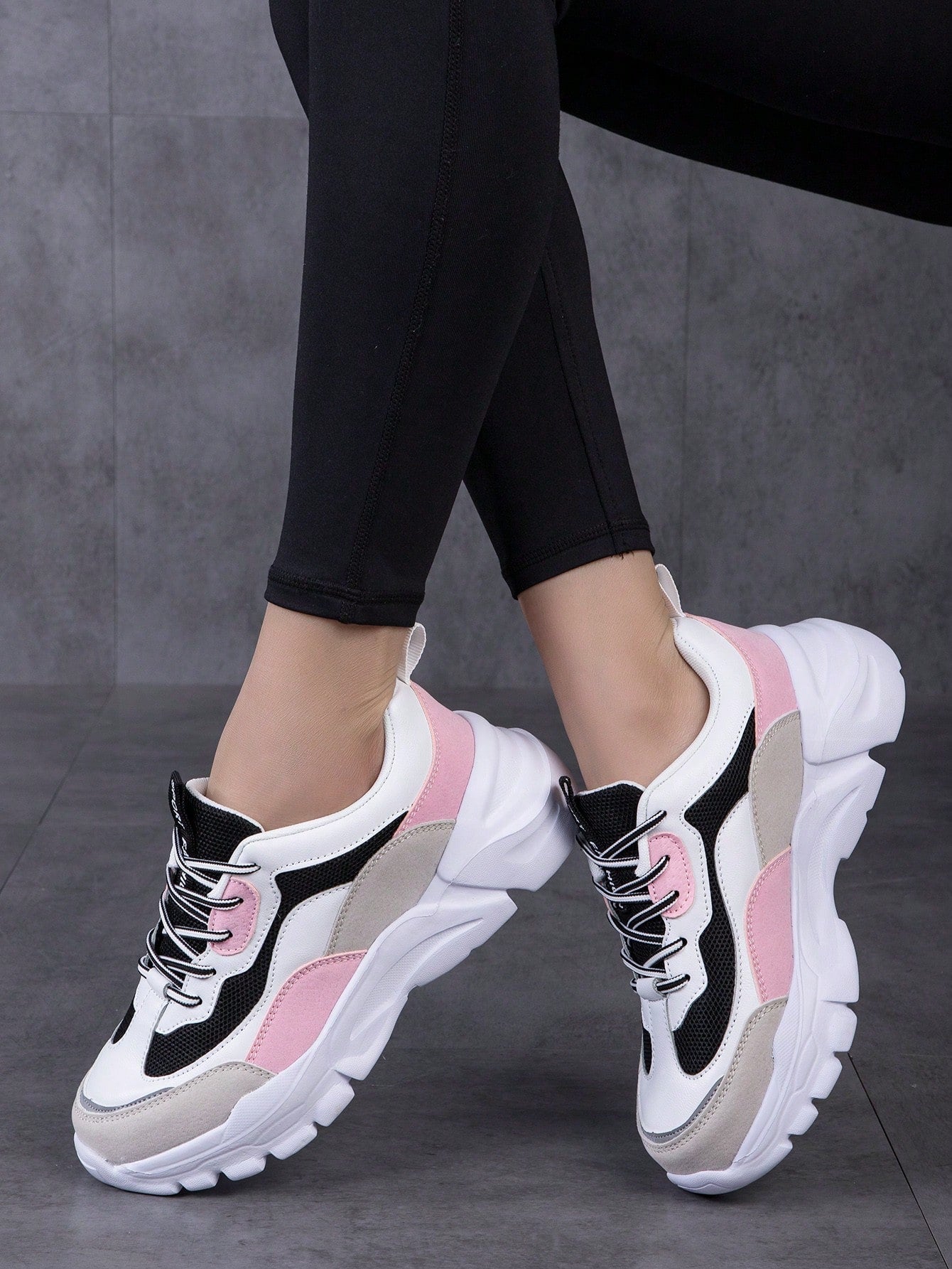 Sporty Sneakers For Women, Two Tone Letter Patch Decor Lace-up Front Chunky Sneakers