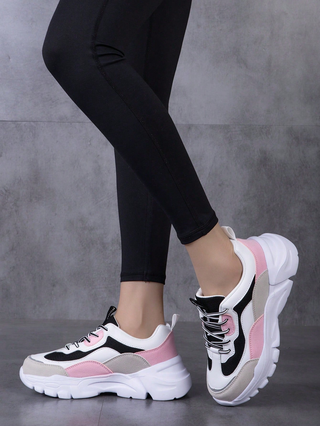 Sporty Sneakers For Women, Two Tone Letter Patch Decor Lace-up Front Chunky Sneakers