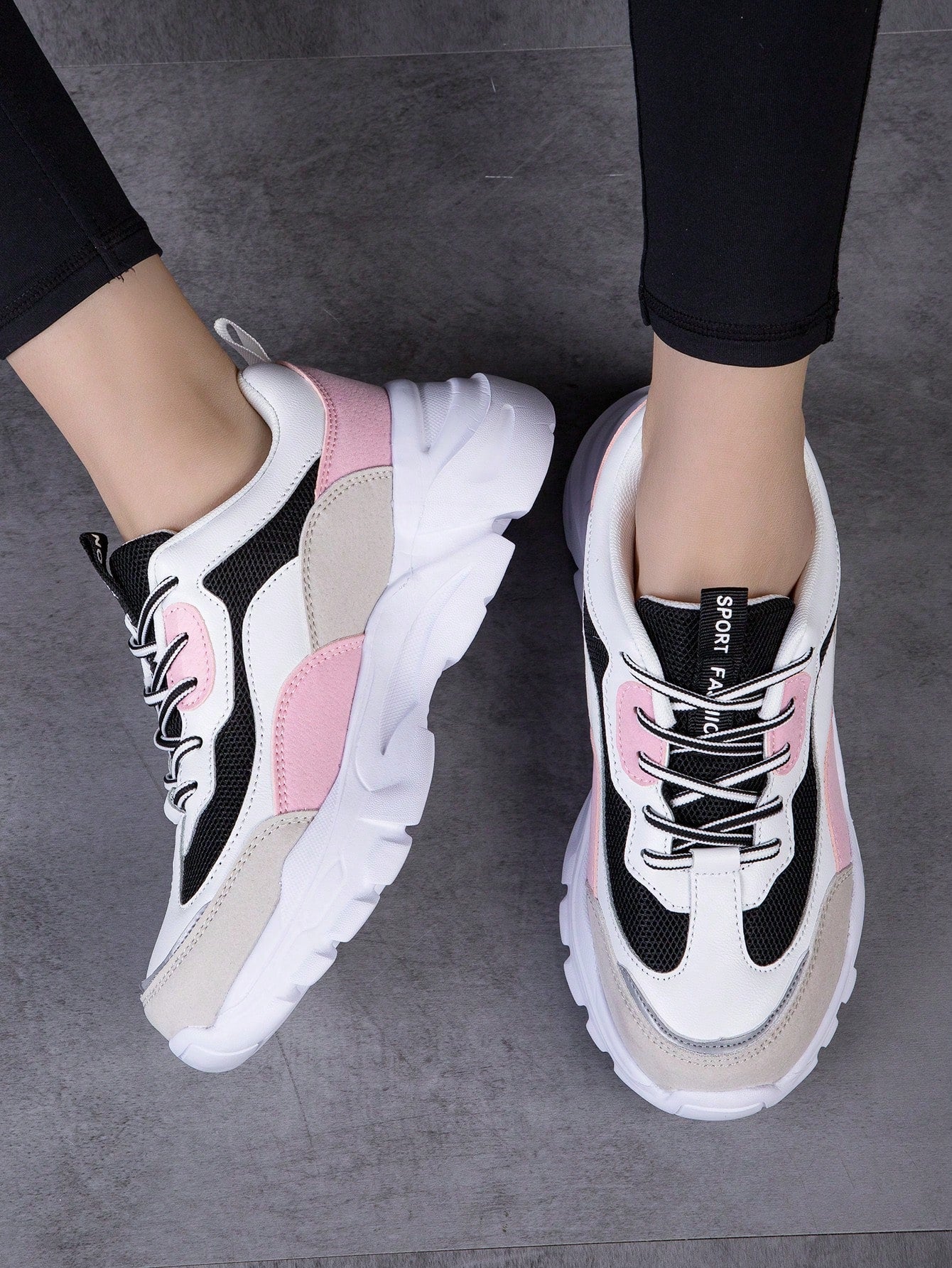 Sporty Sneakers For Women, Two Tone Letter Patch Decor Lace-up Front Chunky Sneakers