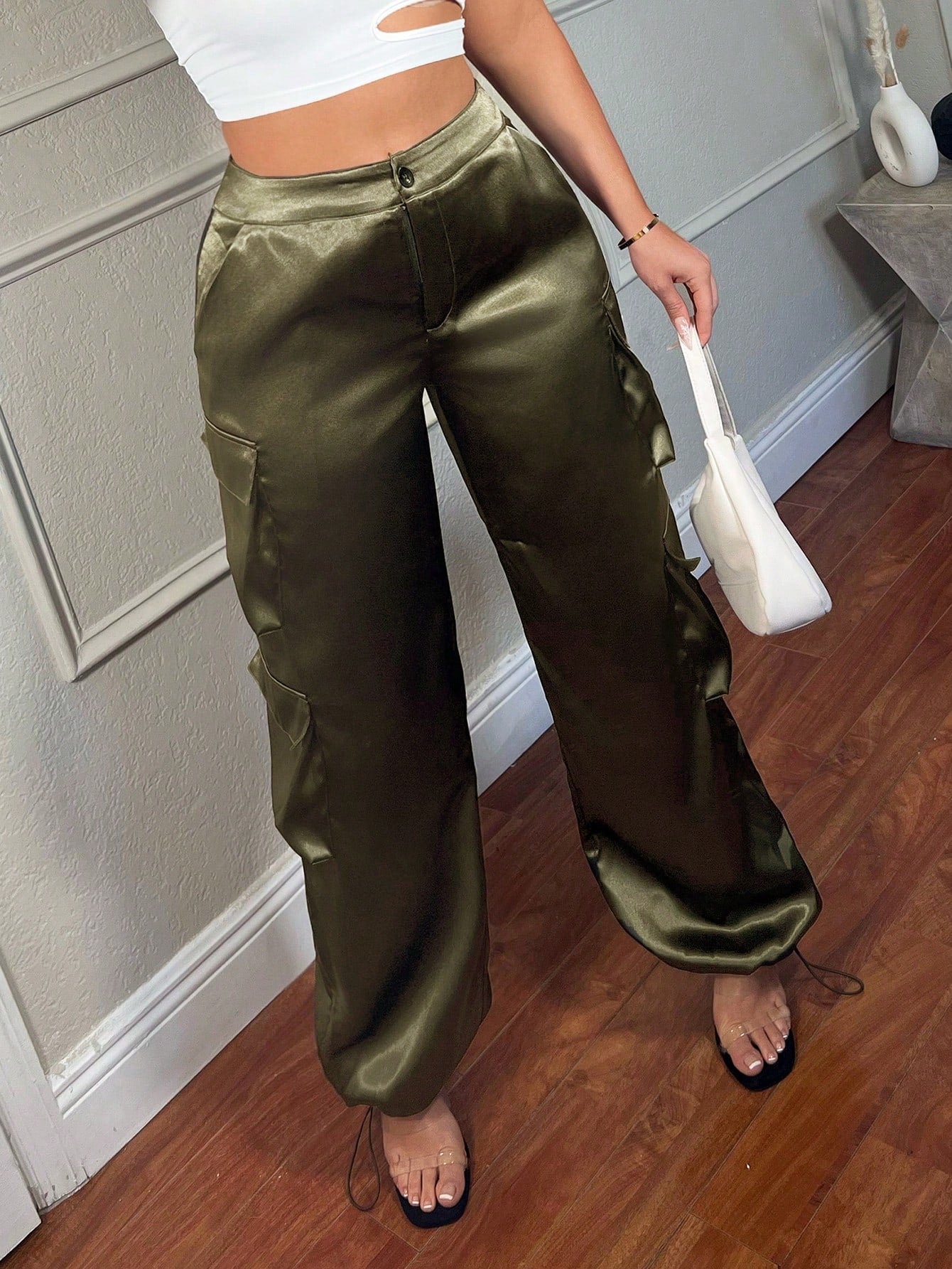 SXY Women's Satin Cargo Pants With 3d Pockets, Streetwear Style, Festival Clothing