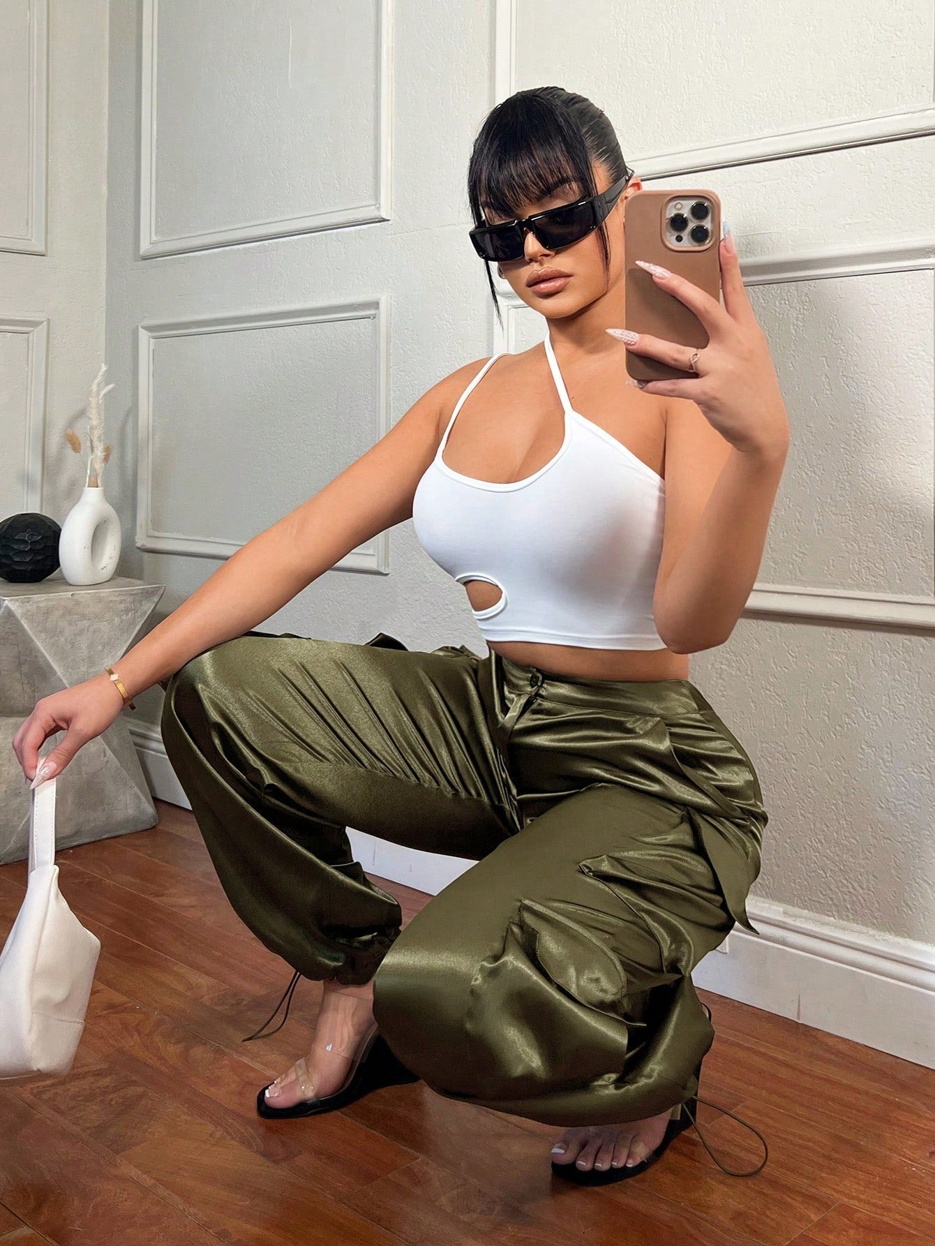 SXY Women's Satin Cargo Pants With 3d Pockets, Streetwear Style, Festival Clothing