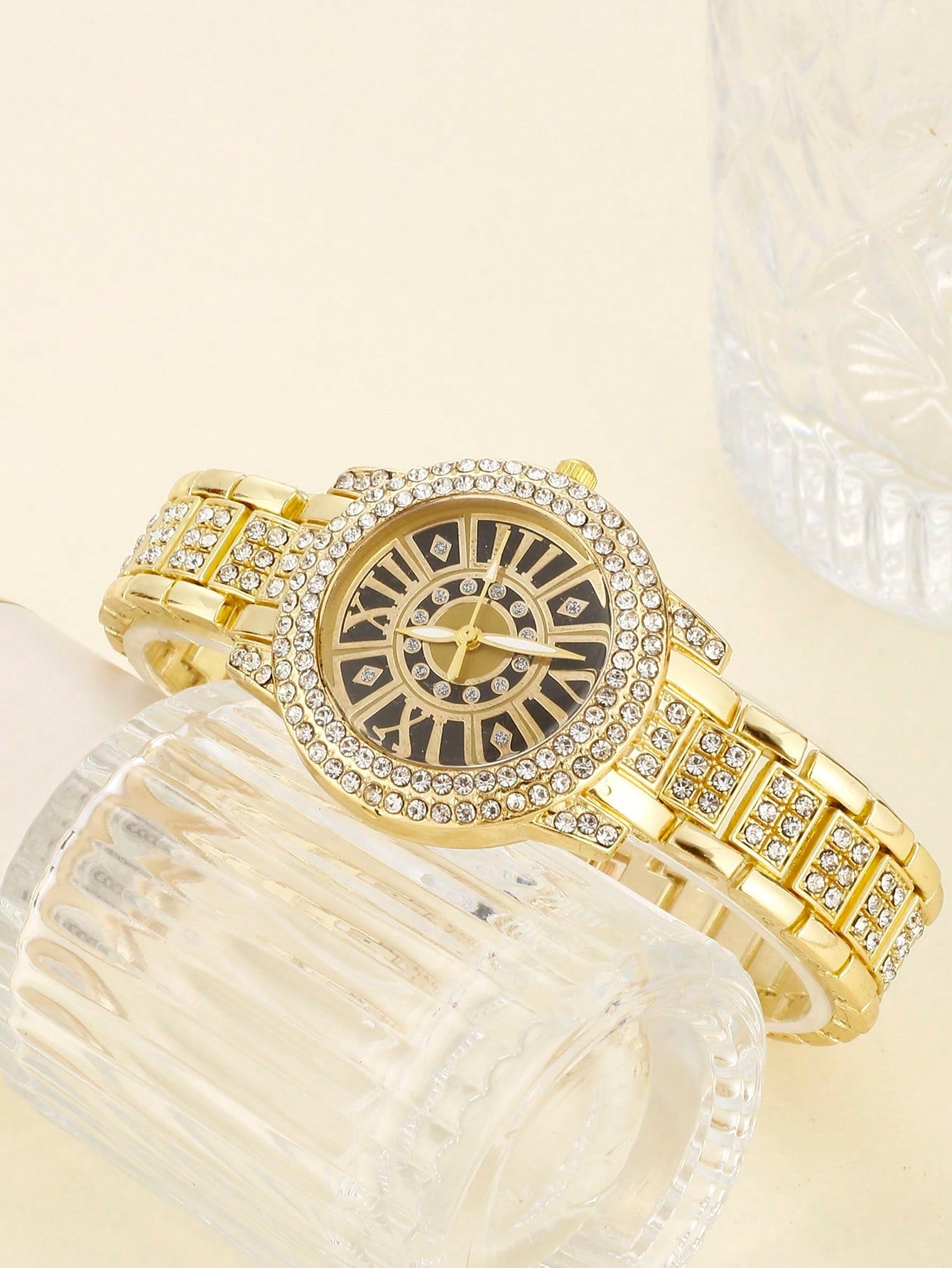 Women'S Windmill Flower Petal & Seashell Face Luxury Full Diamond Bracelet Watch, + Big Diamond Necklace, Earrings, Bracelet And Watch Set