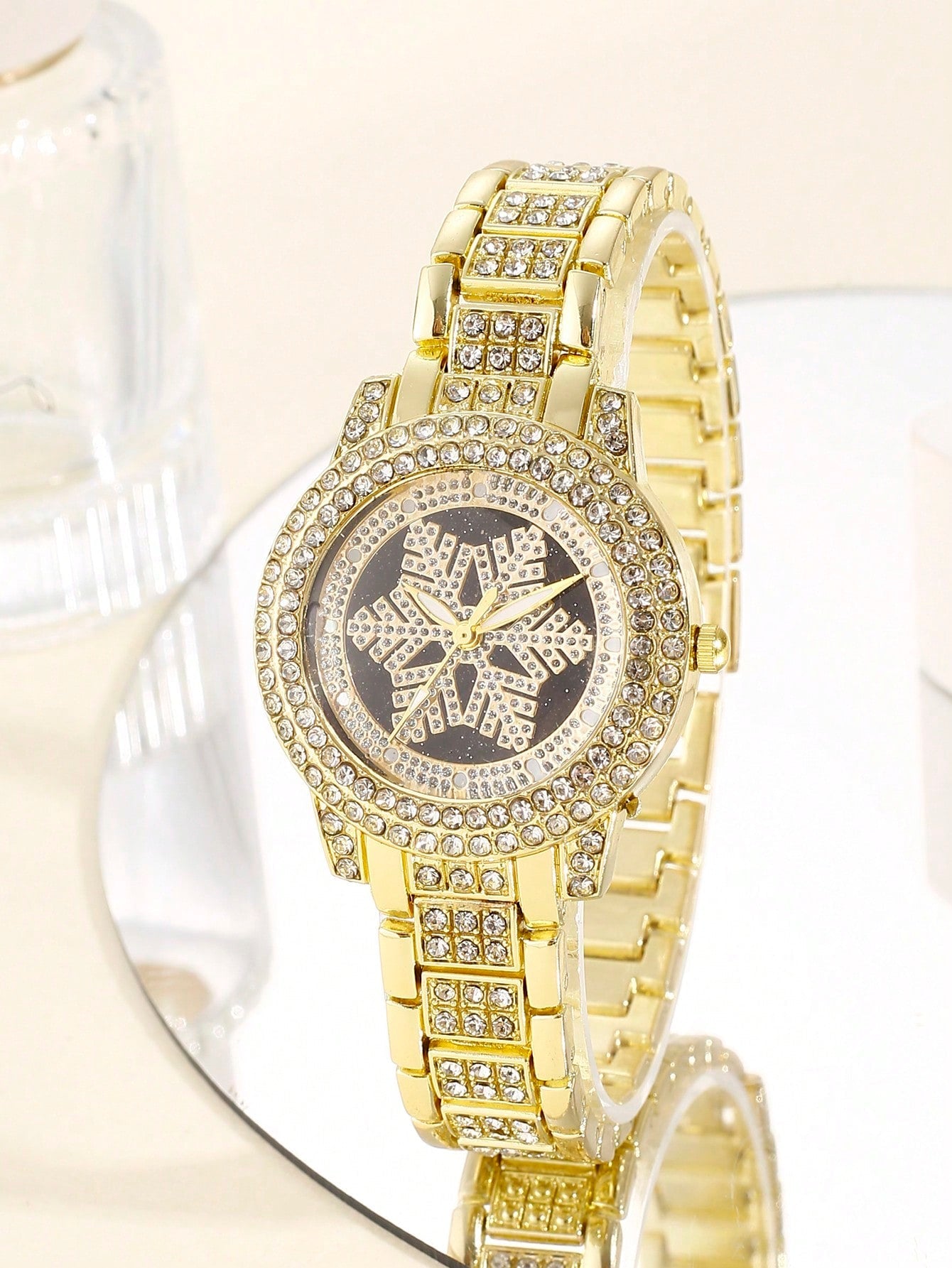 Luxury Five Piece Set For Women Including A Popular Windmill Petals, Shell Face, Fully Studded Watch & Bracelet, Large Rhinestone Necklace And Earrings