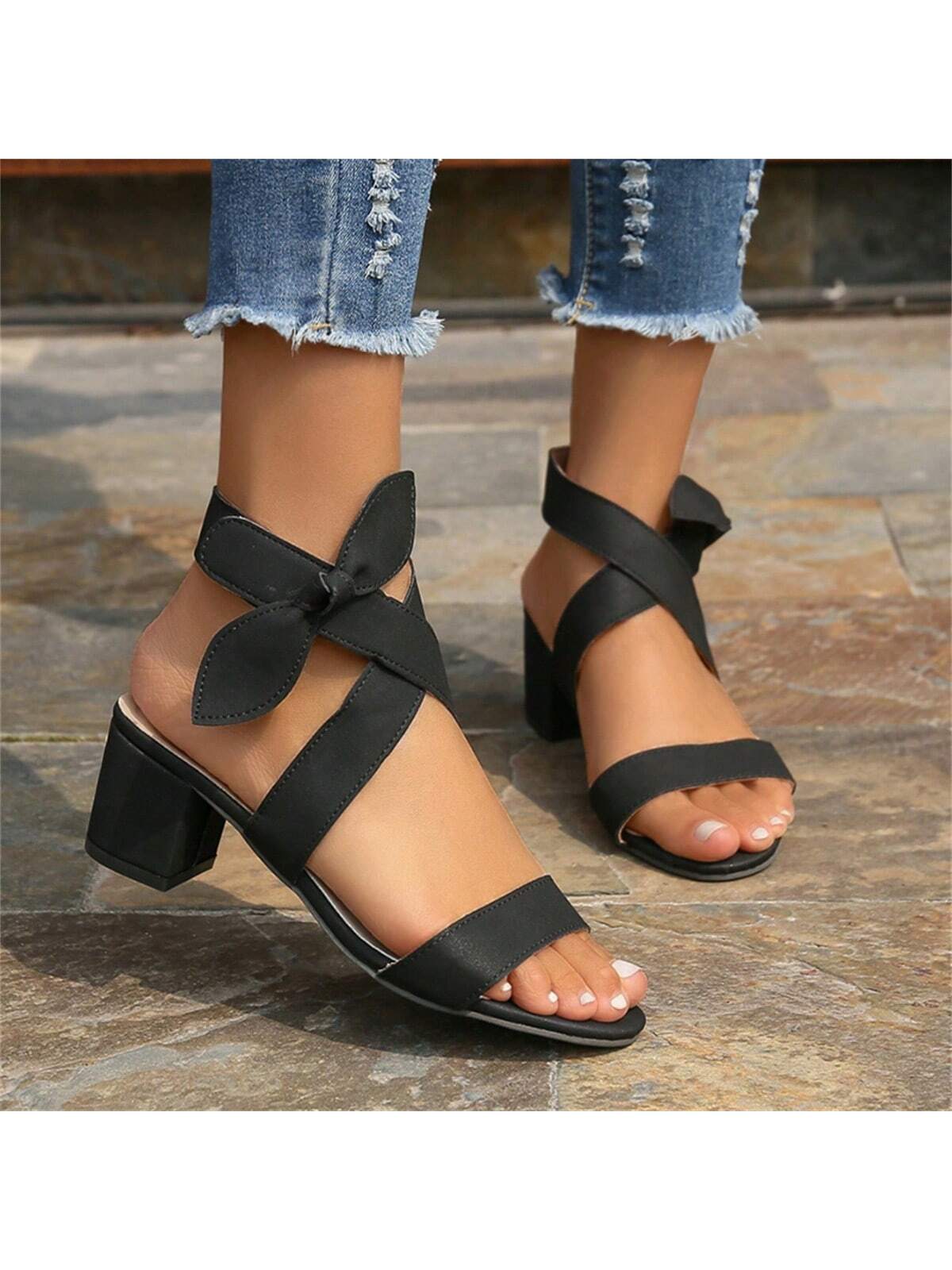 Women's Butterfly Knot Cross Strap High Heel Sandals, Street Style, Summer, Open Toe Chunky Heel Sandals