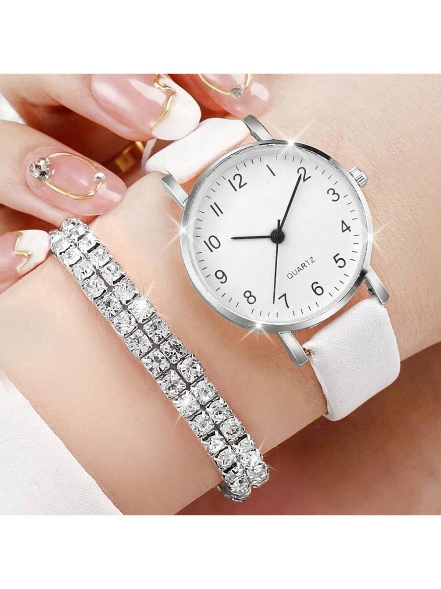 6pcs/Set Ladies' Minimalist Leather Band Quartz Watch With Small Dial & Waterdrop Decorated Jewelry Set (Necklace, Bracelet, Ring, Earrings)