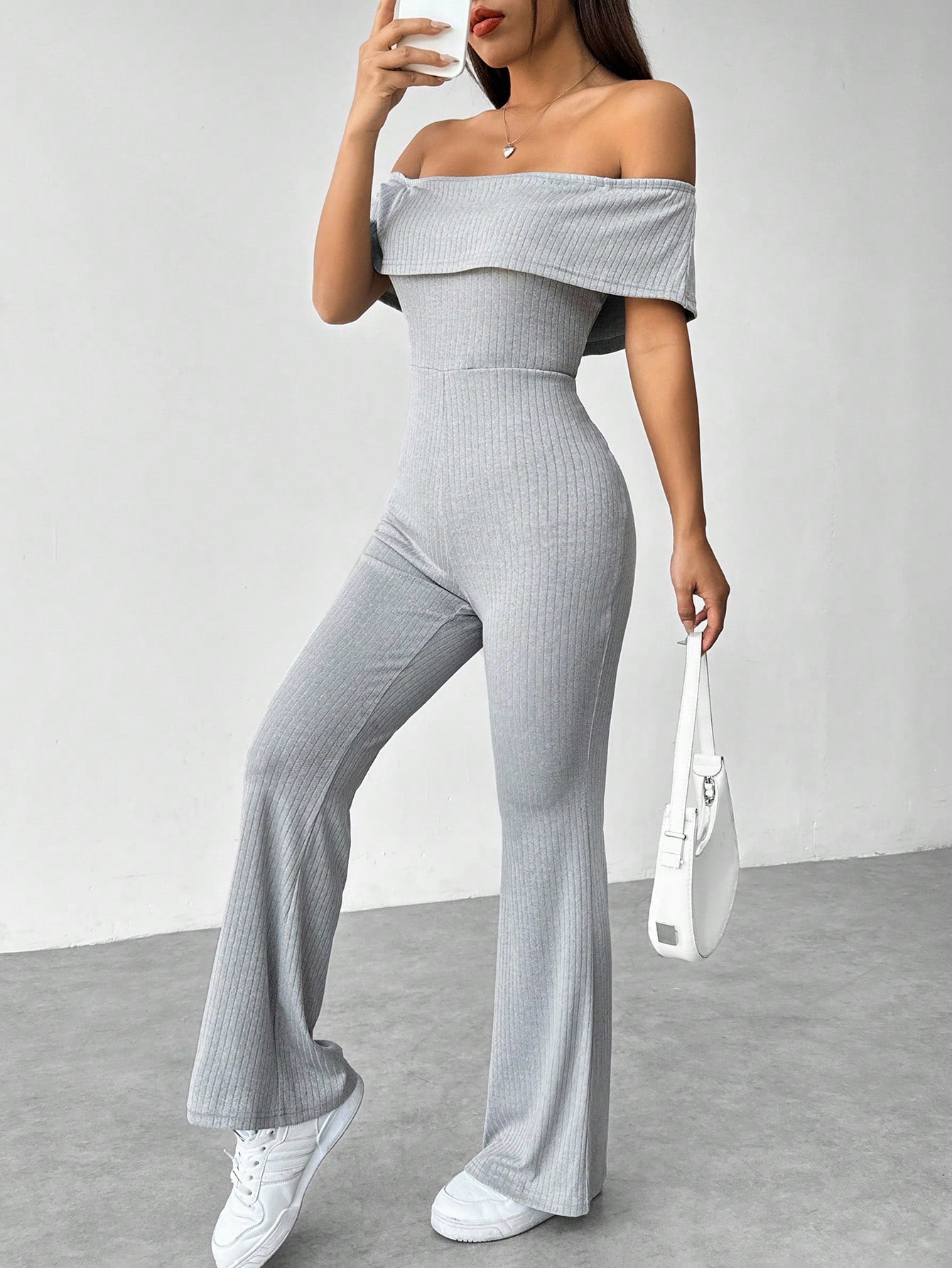 Foldover Off-The-Shoulder Flare Jumpsuit