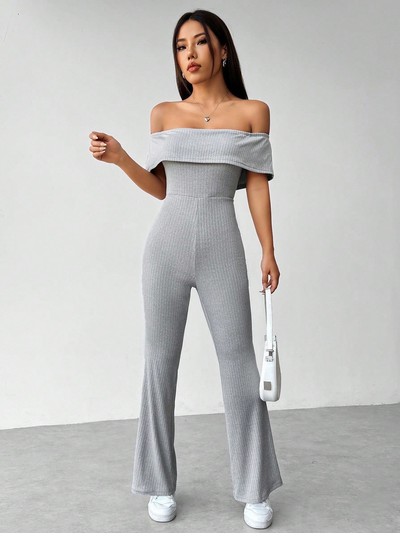 Foldover Off-The-Shoulder Flare Jumpsuit