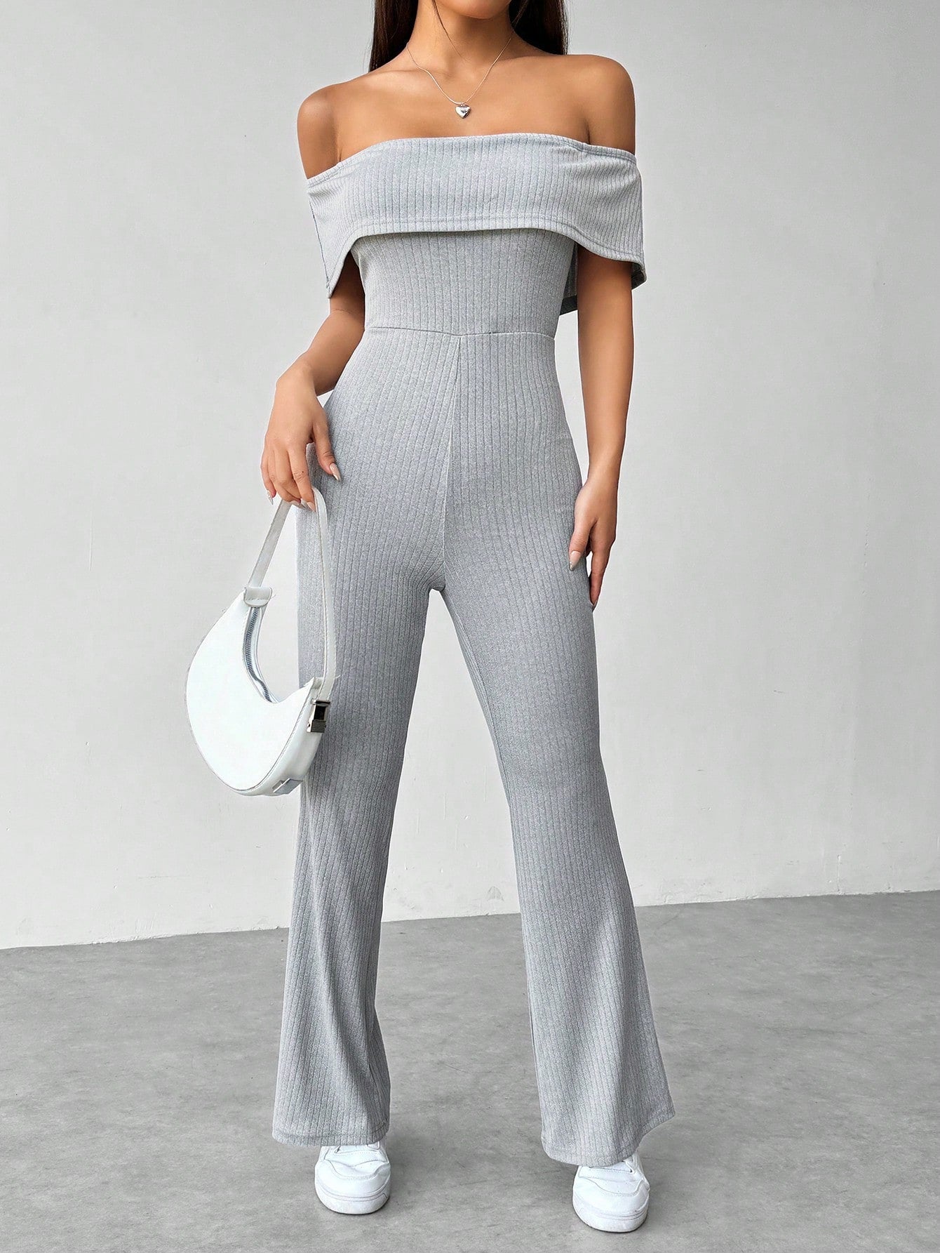 Foldover Off-The-Shoulder Flare Jumpsuit