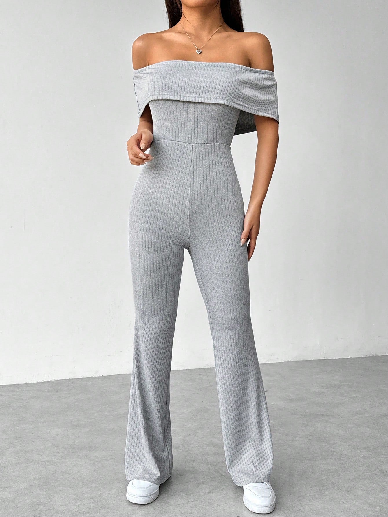 Foldover Off-The-Shoulder Flare Jumpsuit